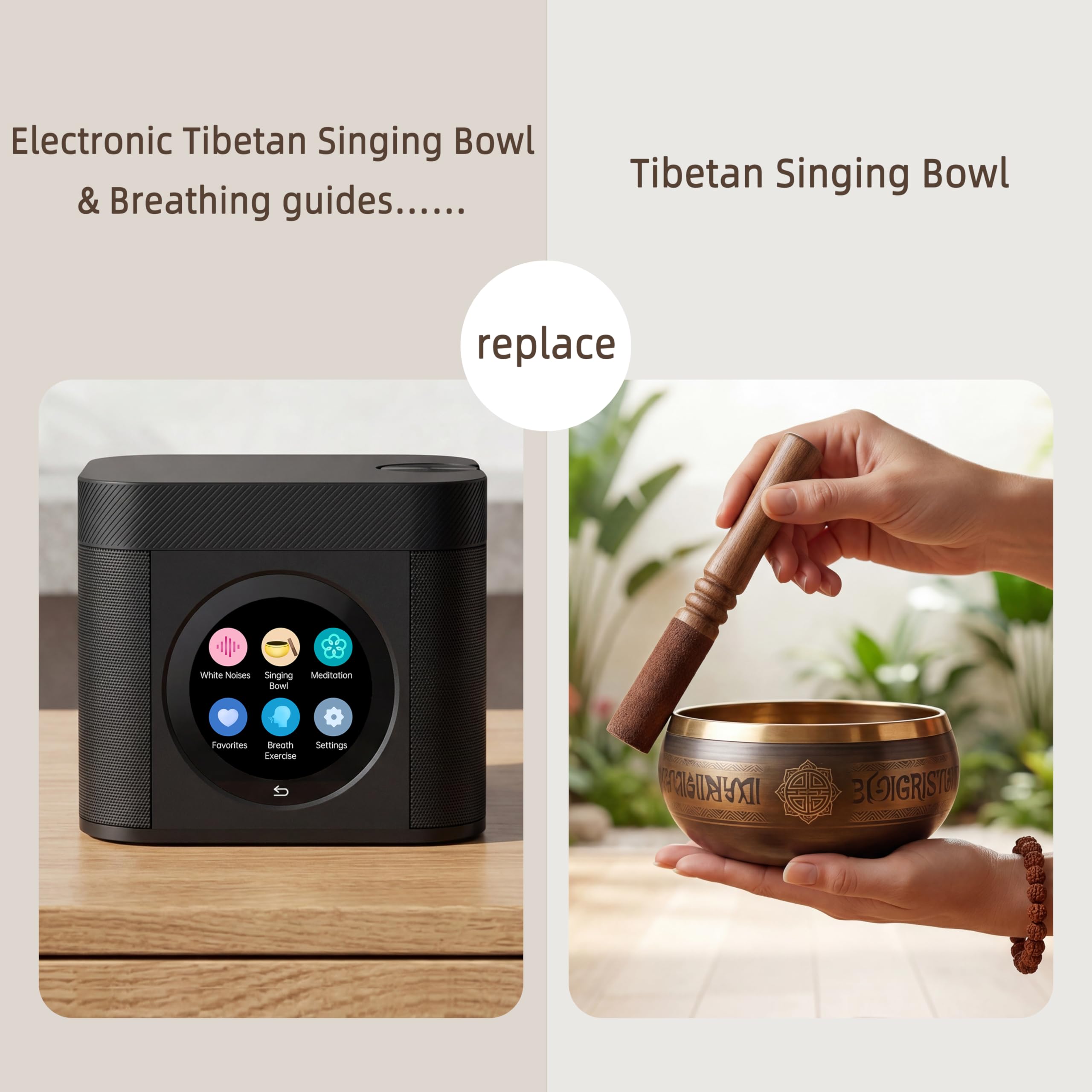 Cuenco tibetano y máquina de sonido para dormir con 19 sonidos de cuenco tibetano, 4 sonidos de meditación, 20 ruidos blancos, entrenador de respiración, pantalla táctil, sonido estéreo, control de