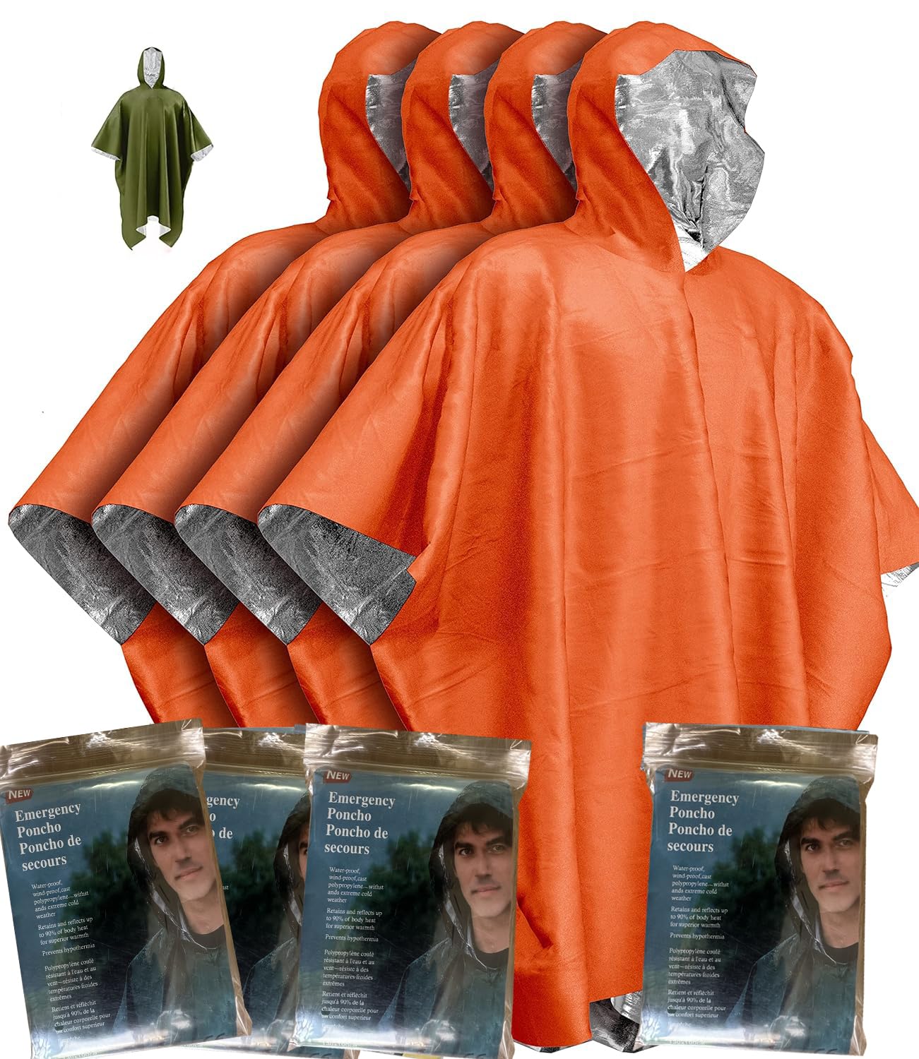 Emergency Survival Poncho (4pc) Thermal Mylar Foil Coating Blanket for Heat Retention and Rain | Reversible with Hood | Waterproof, Windproof, Portable (UK, Numeric, 40, Regular, Regular, orange)
