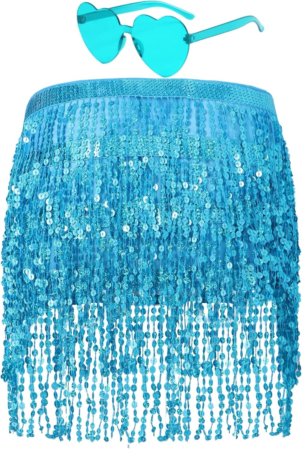 Belly Dance Hip Scarf Sequin Tassel Skirt and Heart Sunglasses Wrap Sparkly Rave Costume Performance Outfit for Women