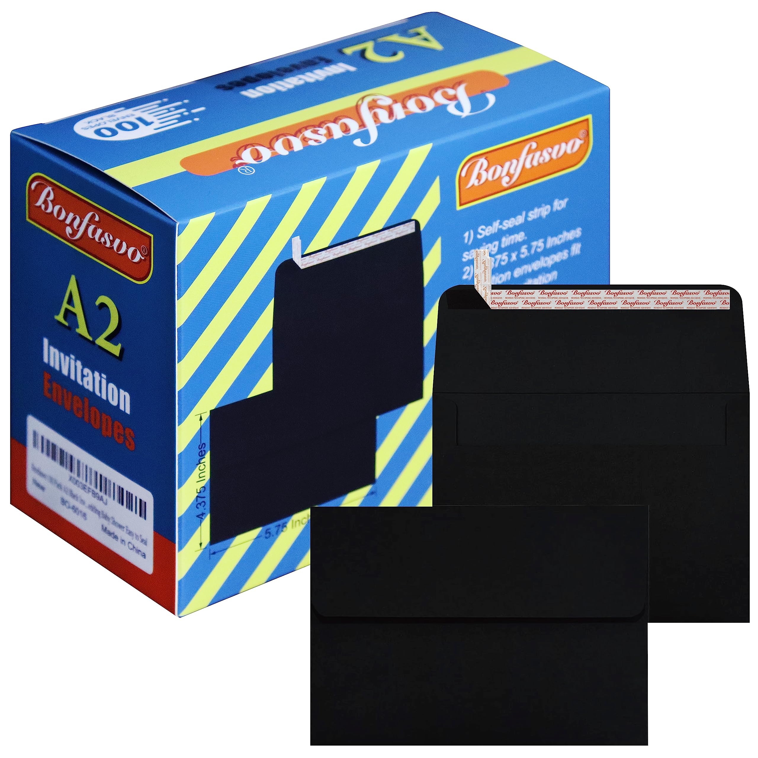 Bonfasvo 100 Pack A2 Black Invitation Envelopes 4.375 x 5.75 inches Self Seal 120GSM Kraft Paper Envelopes for Invitations Papers Photos Documents