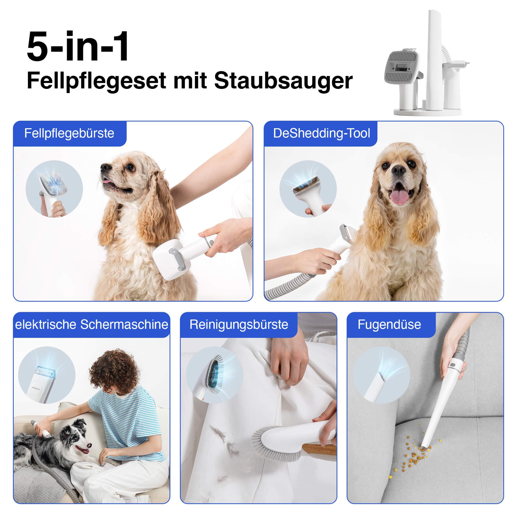 Neakasa P0 Pro Katzenbürste Hundeschermaschine mit Staubsauger, Profi Haustierpflegeset, 5 bewährten Zubehör, Hundebürste, Selbstreinigende Tierhaarentferner für Kurzhaar Langhaar Unterwolle