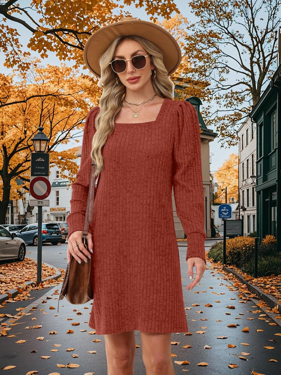 Womens Ribbed Knit Sweater Dress Long Sleeve Square Neck Fall Winter Dresses - Image 3