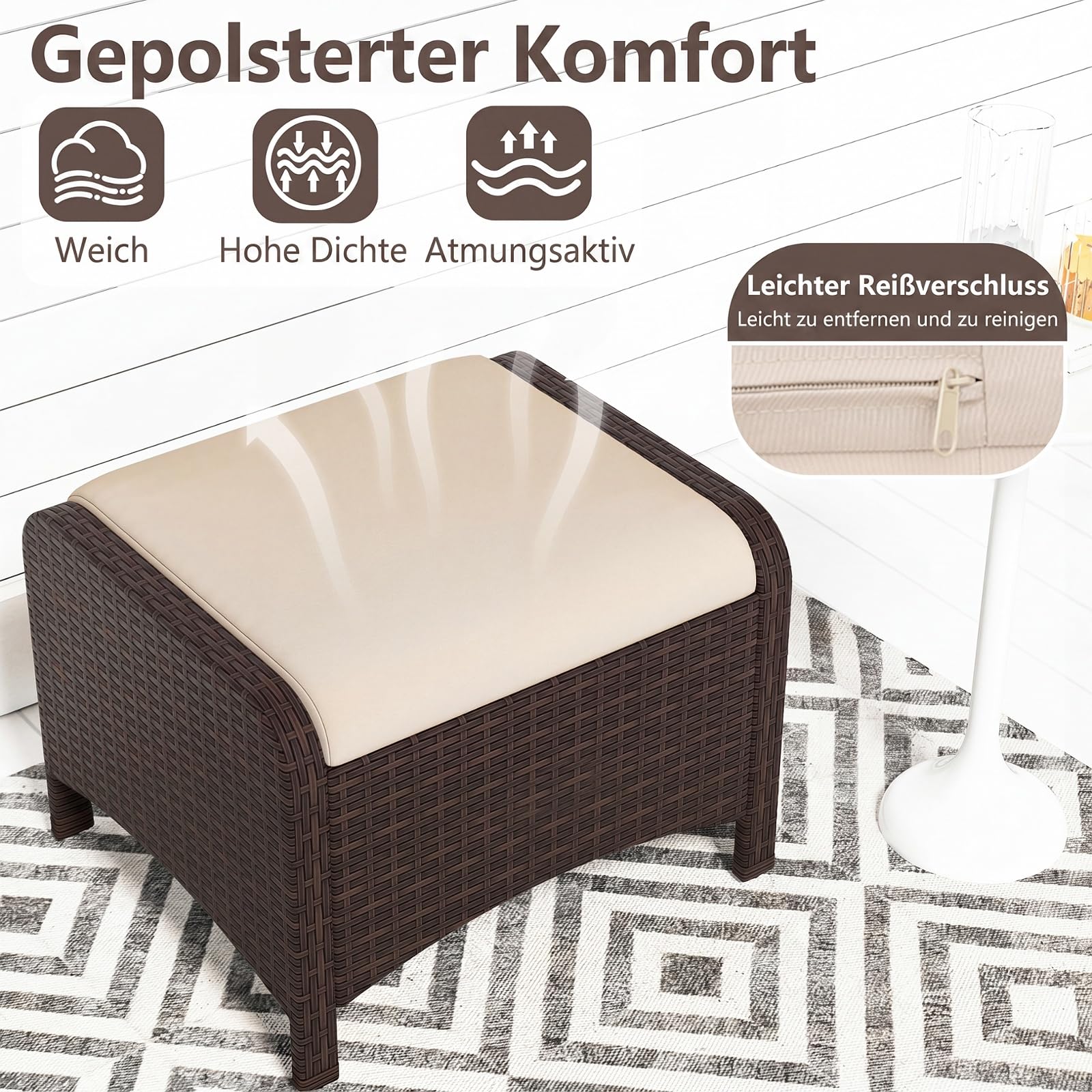 COSTWAY 2er Set Fußhocker Rattan, Sitzhocker mit abnehmbarem Kissen, Rattanhocker wetterfest, Gartenhocker für Garten, Balkon, Terrasse (Beige)