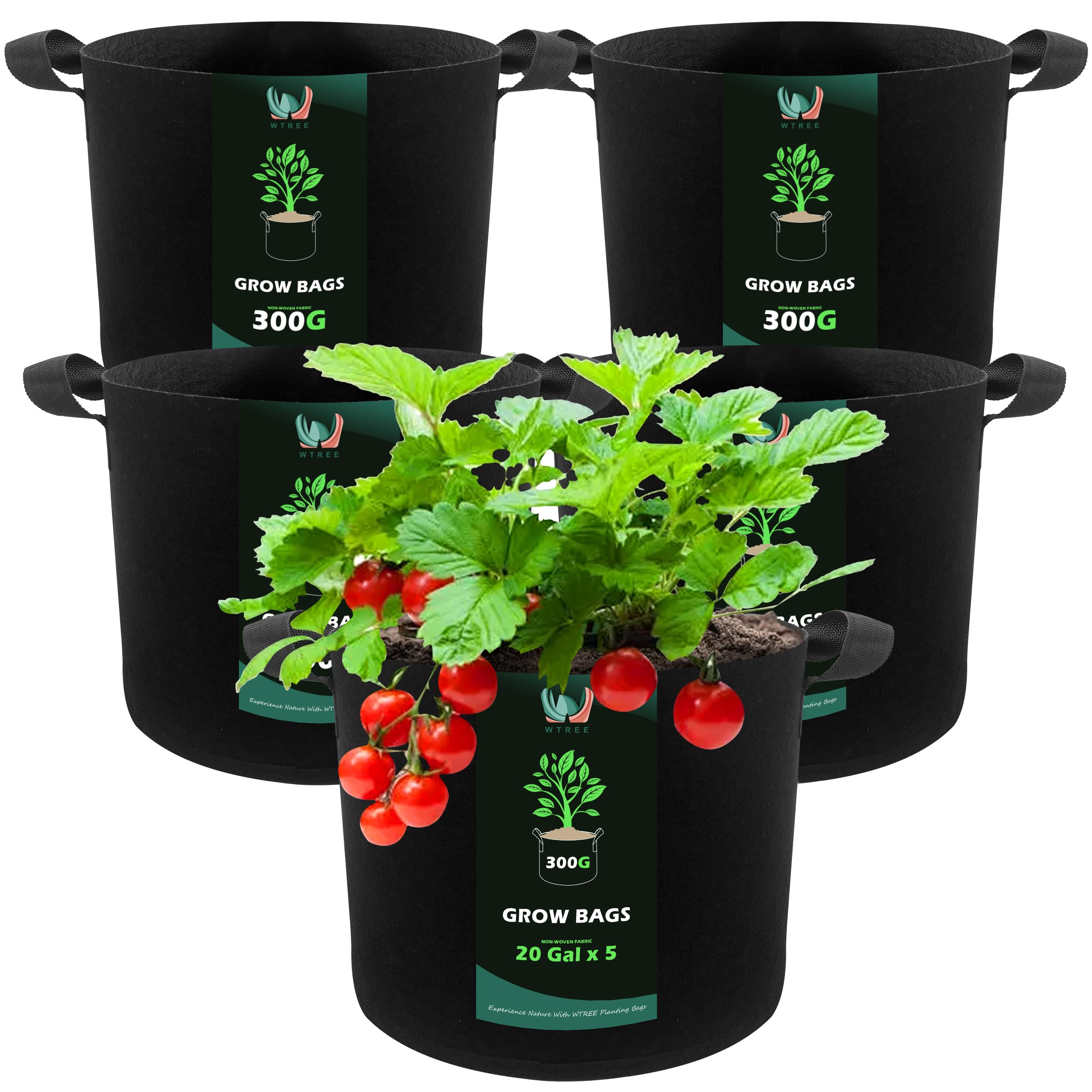 WTREE 5-Pack 20 Gallons Grow Bags
