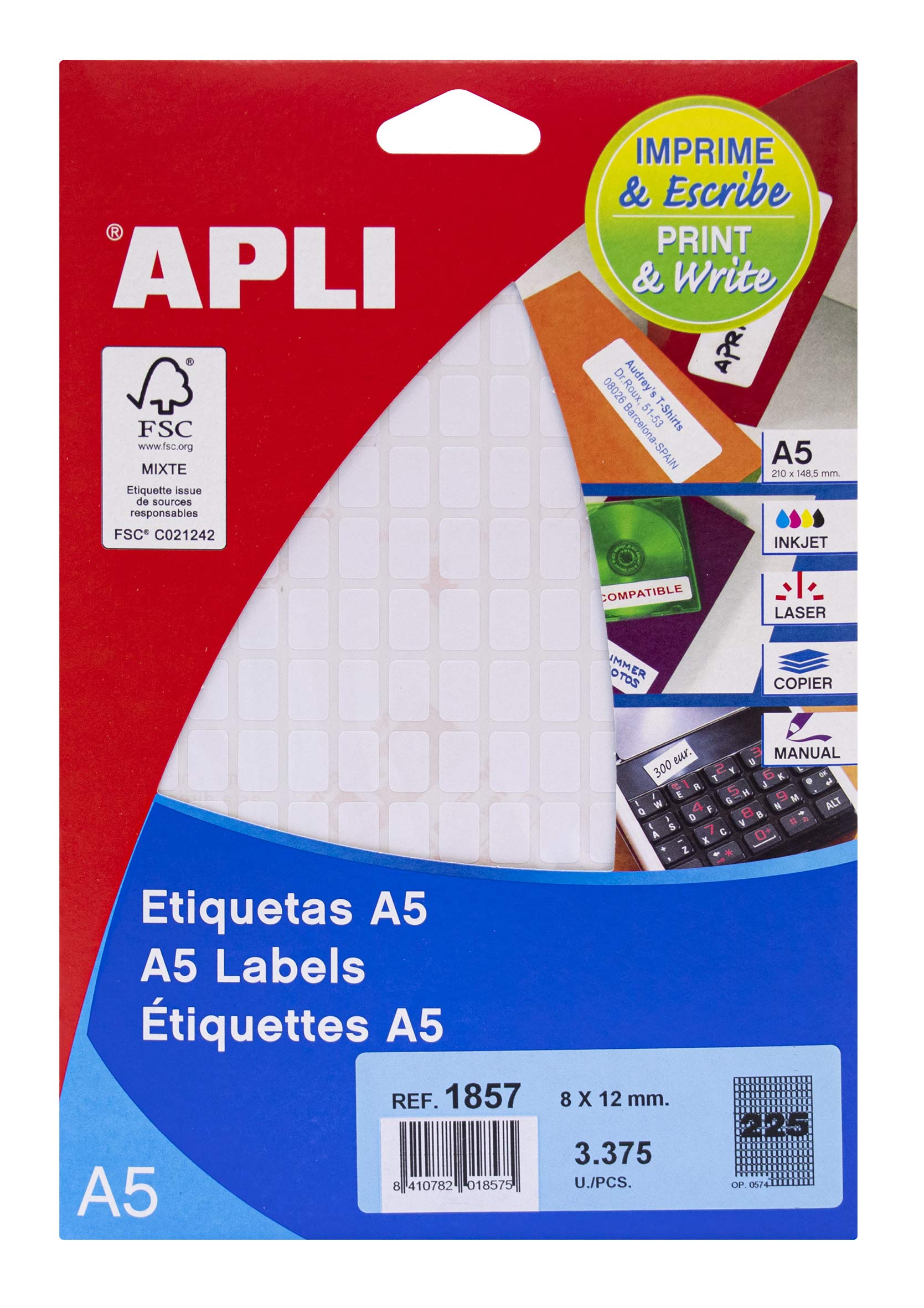 APLI 1857 - White A5 Labels 8x12mm 15 Sheets