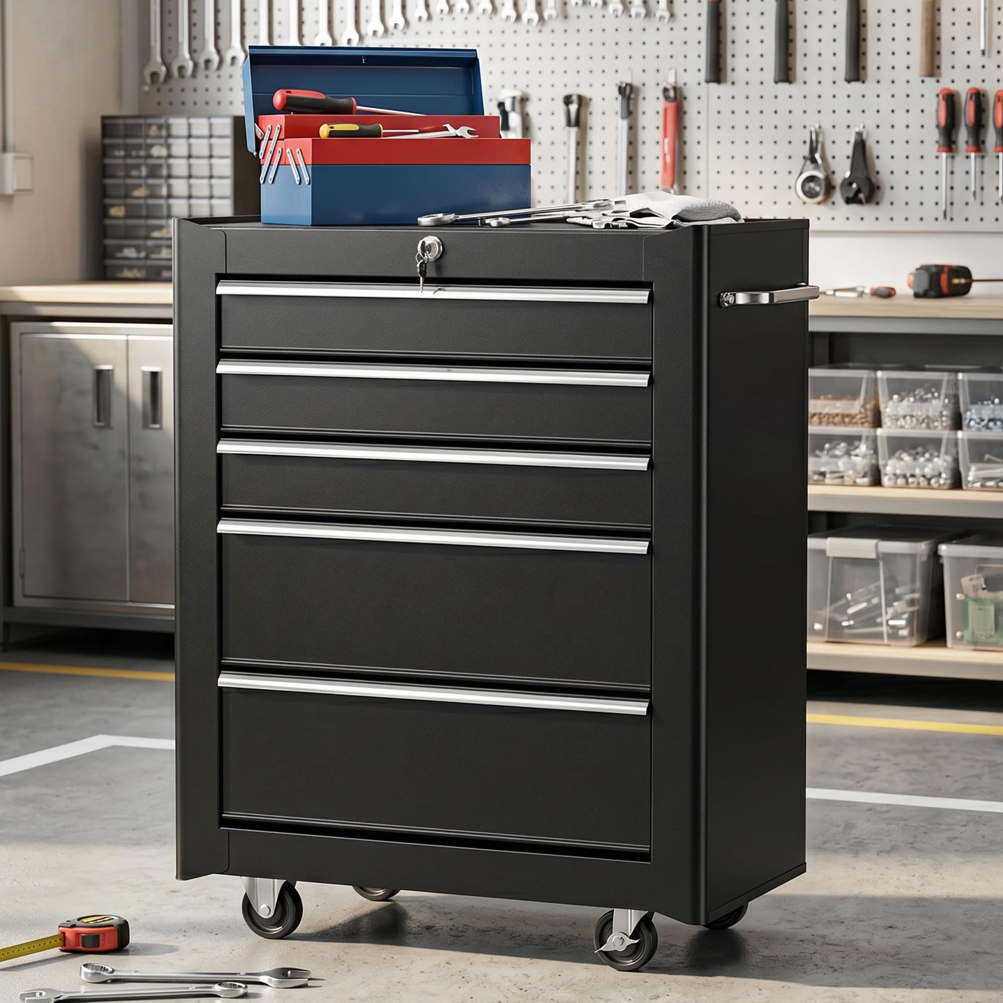 HOMCOM Servante d'Atelier Vide en Acier 5 Tiroirs sur Roulettes Noir | Chariot à Outils, Verrouillable 2 Clés, Tapis EVA Antidérapant, Caisse à Outils Pour Atelier, Garage