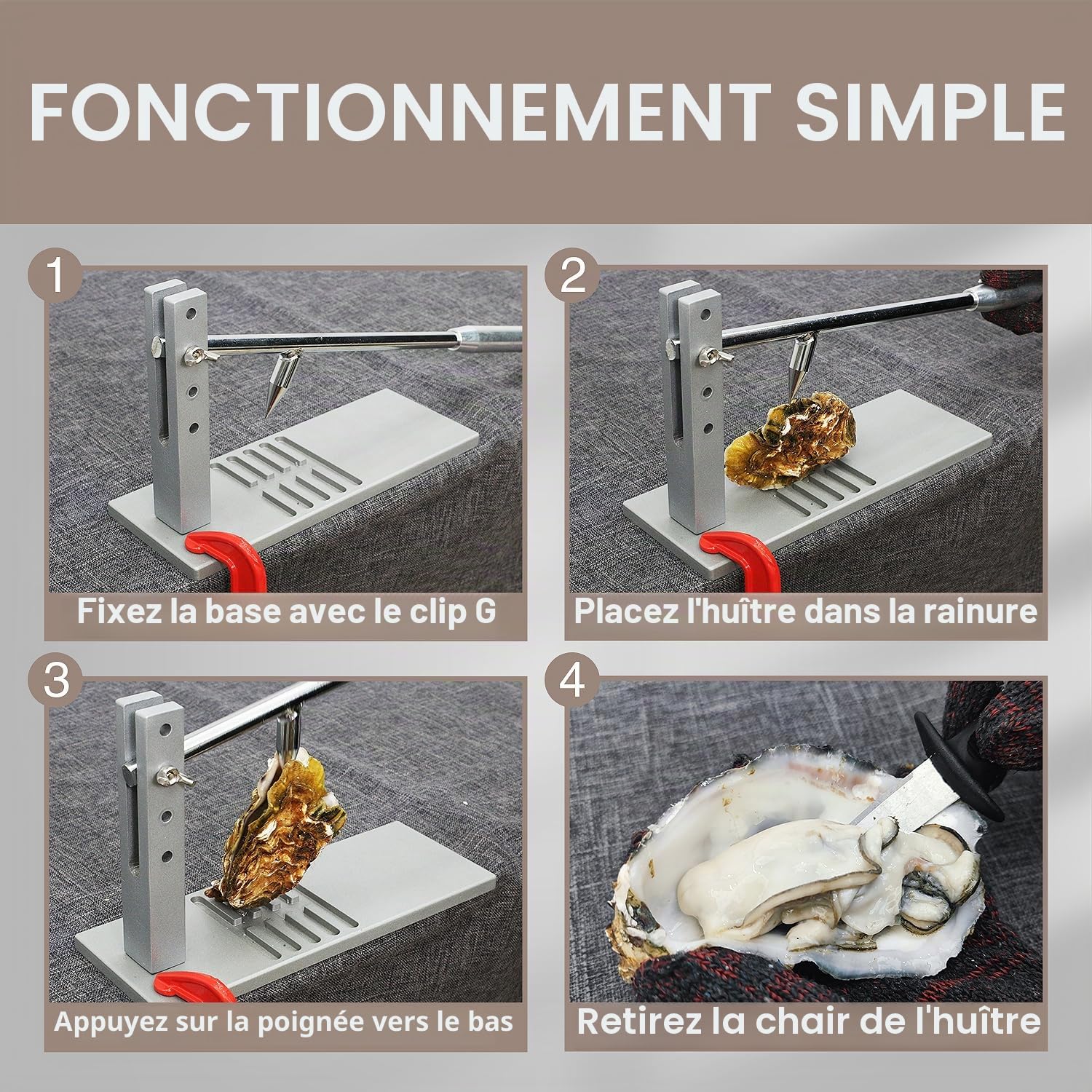 Outil à Huîtres en Acier Inoxydable, Couteau à Huîtres Portable, Facile à Utiliser, Machine à Ouvrir les Huîtres pour Usage Domestique, Incluant Deux Couteaux à Huîtres, Gant et Serre-Joint G.