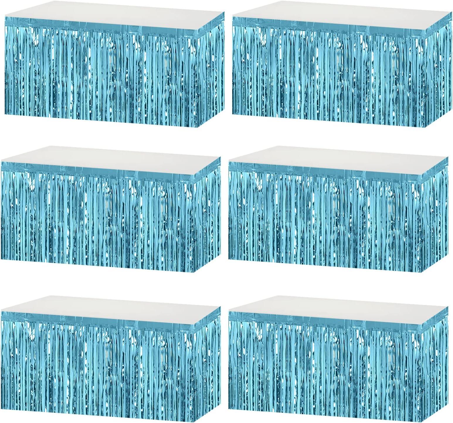 AIKENLIN 6 Pack 29x108 Inch Metallic Foil Fringe Tinsel Table Skirts Banner for Rectangle Tables Streamer Garland Backdrop for Wedding, Birthday, Parade Floats, Halloween Party Decoration(Light Blue)