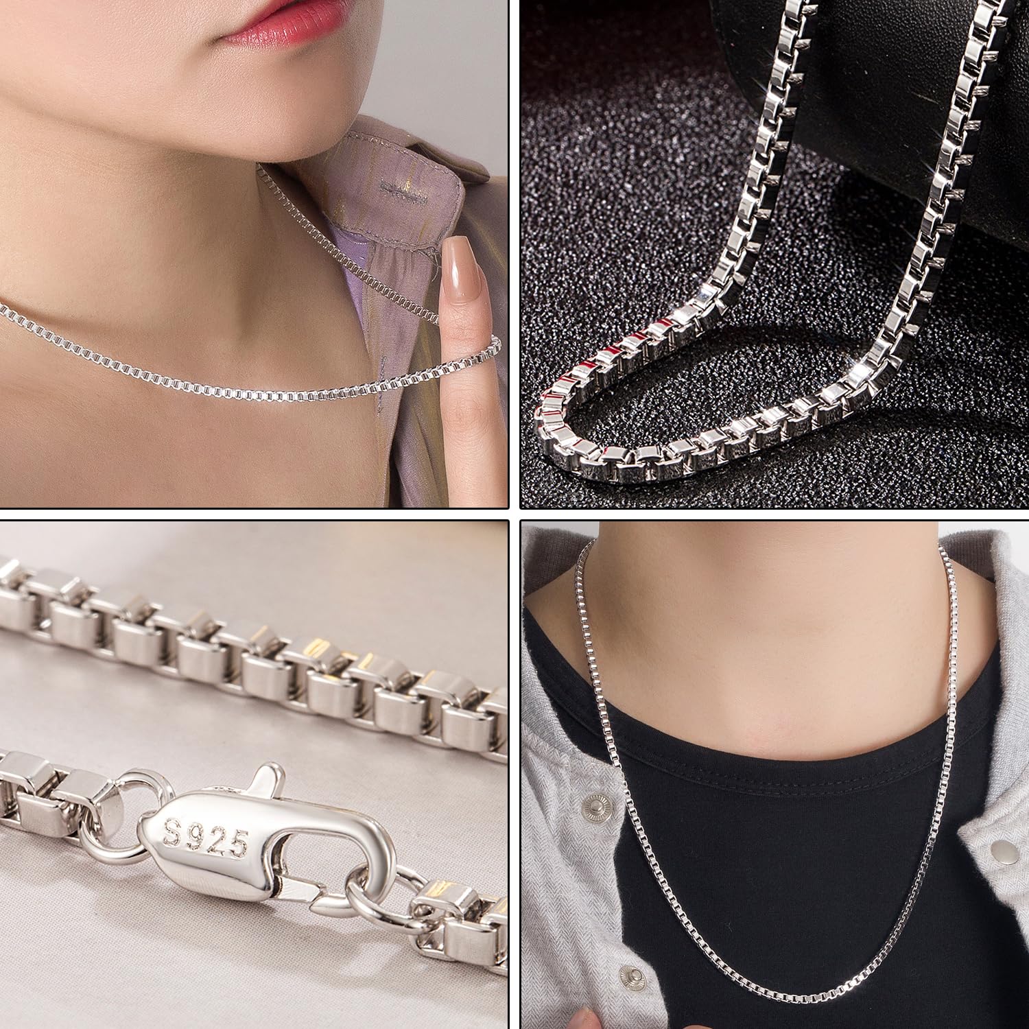 Dankadi - Collar fino de 3 mm en plata 925, cadena Rolo Fine 16" 17" 18" 19" 20" 22" 24" 26" 28" 30" para colgante de eslabones de caja cuadrada dorada, diseño italiano joyas para hombre mujer