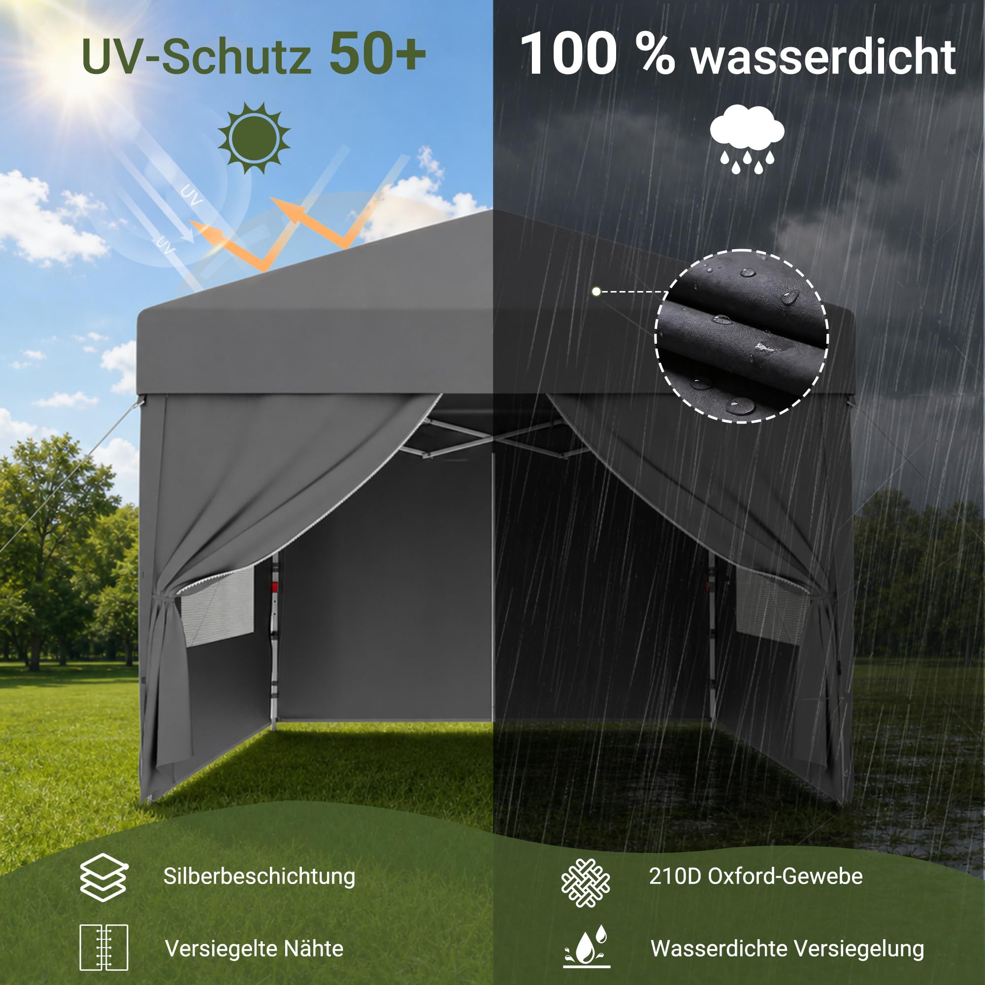 JUMMICO Pop Up Faltpavillon, 3 x 3 m Pavillon mit Netzfenstern zur Belüftung, UV-Schutz 50+, mit 4 Seitenwänden, wasserdicht stabil Winterfest，Faltbar Partyzelt Gartenzelt Gartenpavillon, Grau
