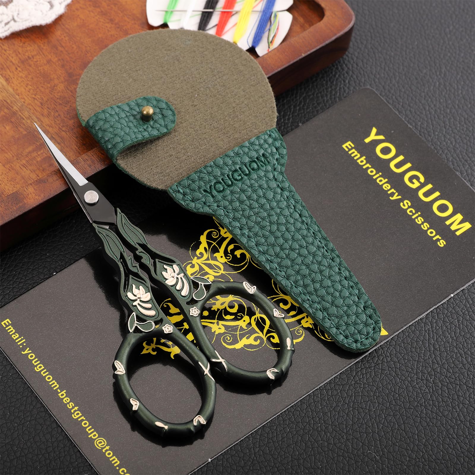 YOUGUOM Vintage Needlework Scissors with Cover, Small Sewing Scissors for Embroidery Craft Cross Stitch Crochet Yarn, Detail Thread Shears Sharp Snips Green