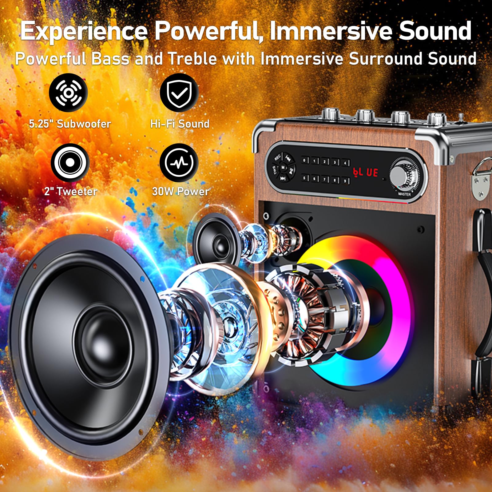 JYX Portable Bluetooth Karaoke Speaker with 2 Wireless Mics, 10Hrs Playtime, RGB Lights, PA System for Adults & Kids, Supports USB/TF/FM/Type-C/AUX, for Home Party, Outdoor & DJ Use (Wood) 2