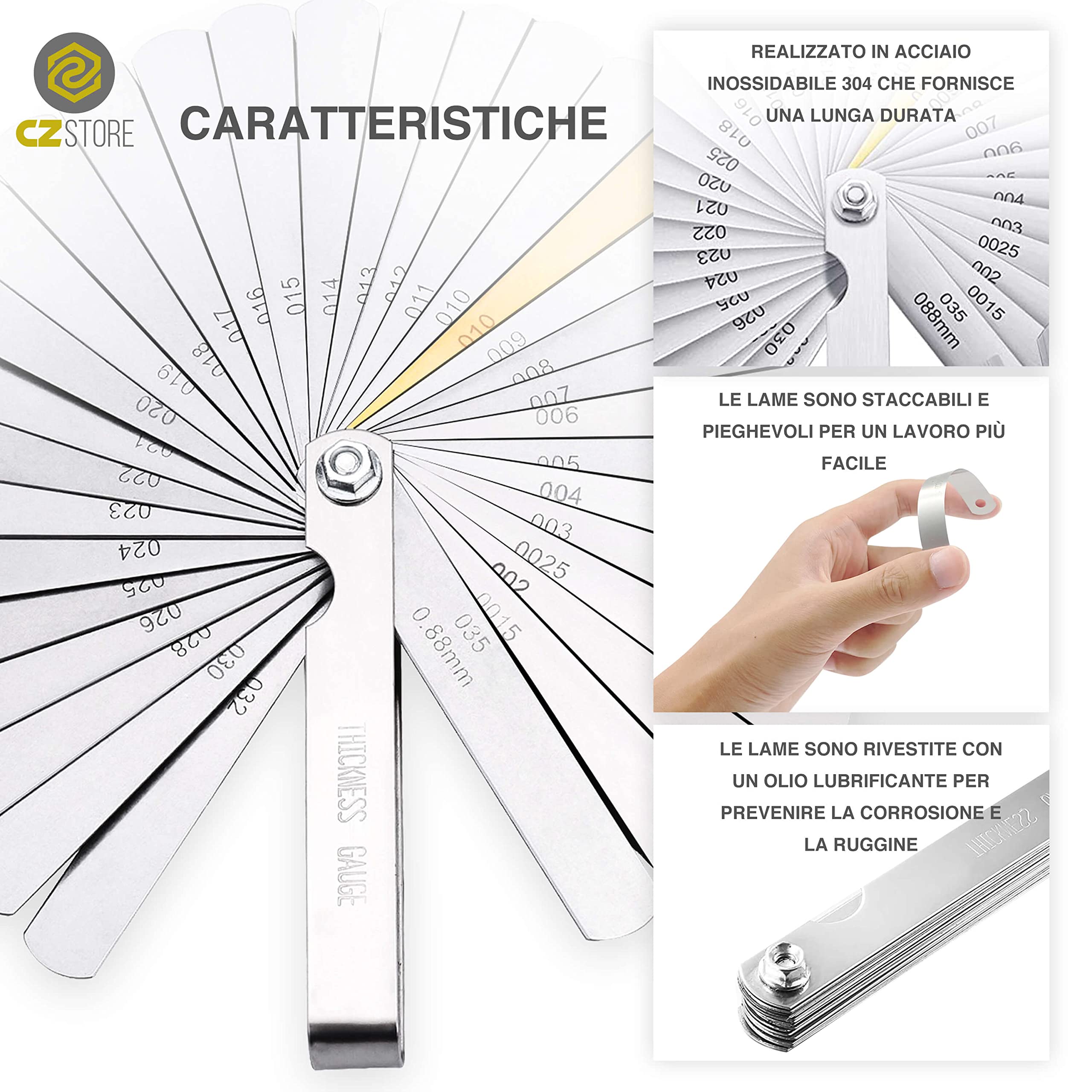 Spessimetro 32 Lame in Acciaio Inossidabile Misurazione 0,04-0,9 mm Pieghevole Doppia Misure Incise