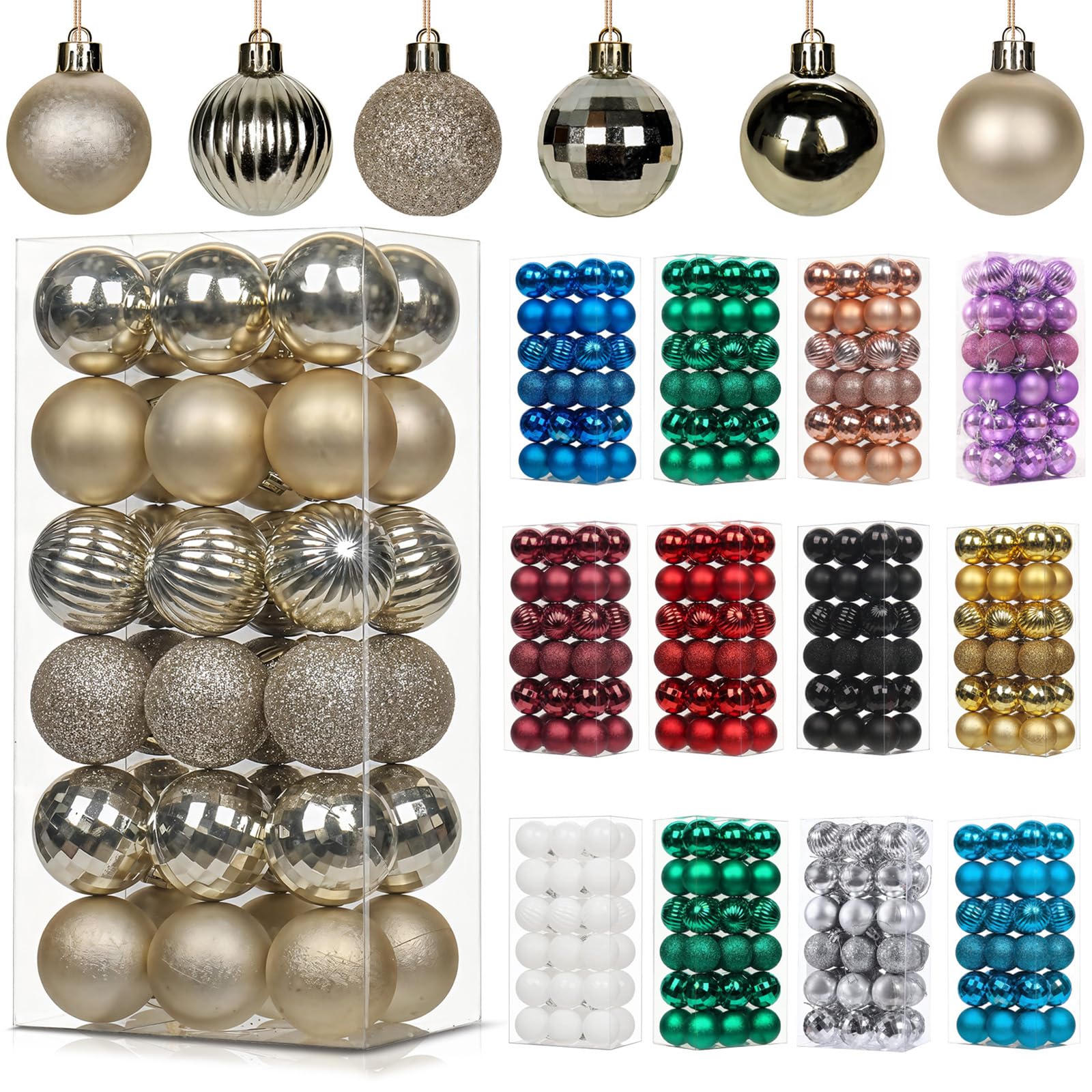 36Pcs Champagne Baubles for Christmas Tree Decorations,30mm/1.18" Mini Xmas Bauble Hanging Ball,Christma Balls Ornament with String,Shatterproof Champagne Christmas Baubles for Xmas Tree Holiday Party