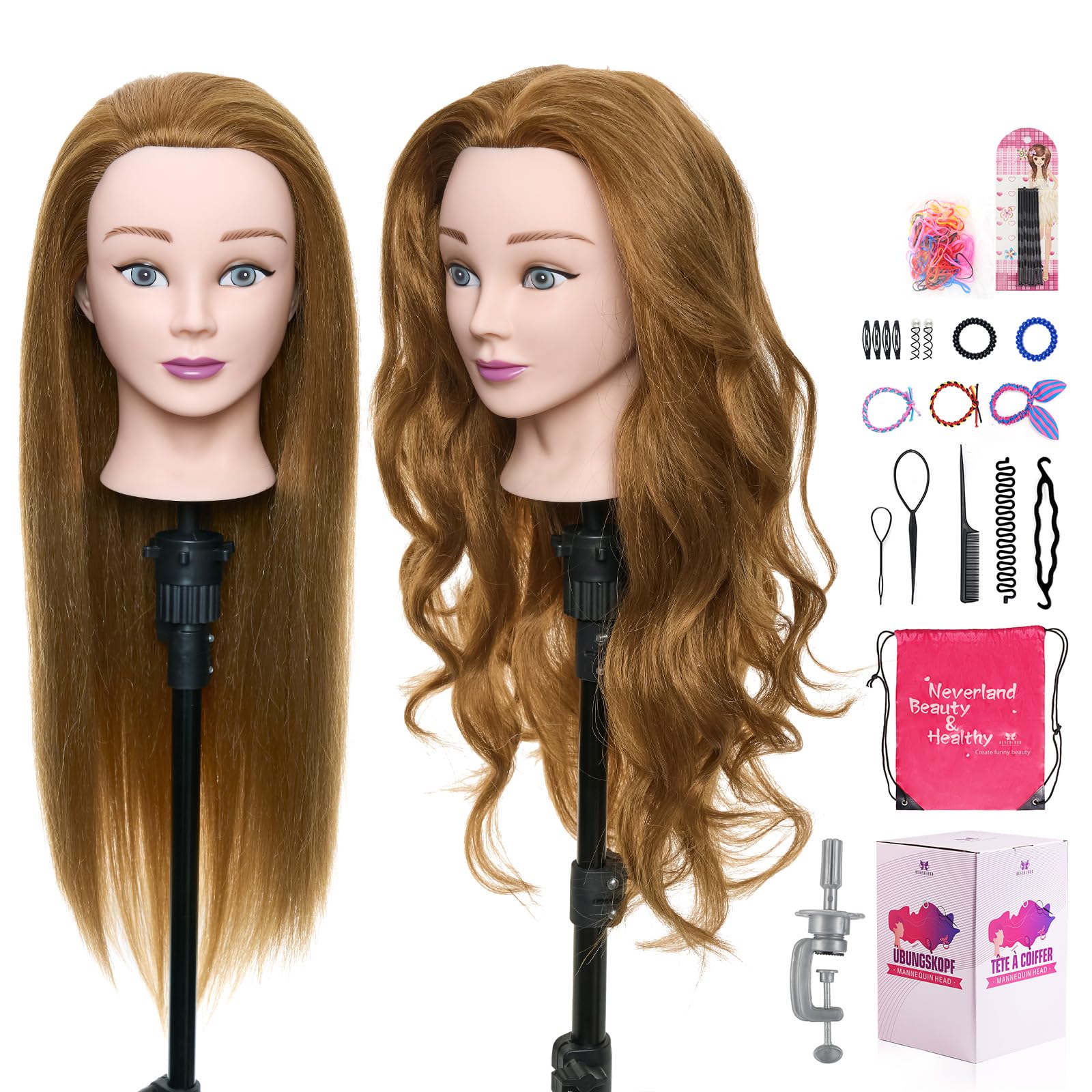 Testa per Parrucchieri 24" Capelli Veri Testina Parrucchiere con Morsetto DIY Hair Styling Tools