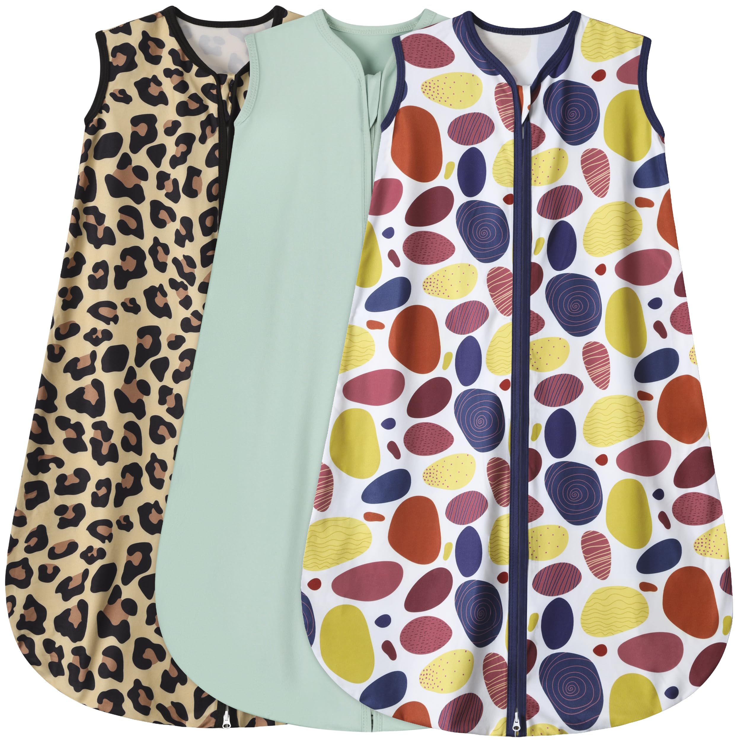 BSTOPPT 3 Pack Baby Sleep Sack 100% Rayon Cotton Baby Sleeping Bag 2-Way Zipper Toddler Wearable Blankets TOG 0.3. (Leopard&Cobble&Green, 12-18 Months