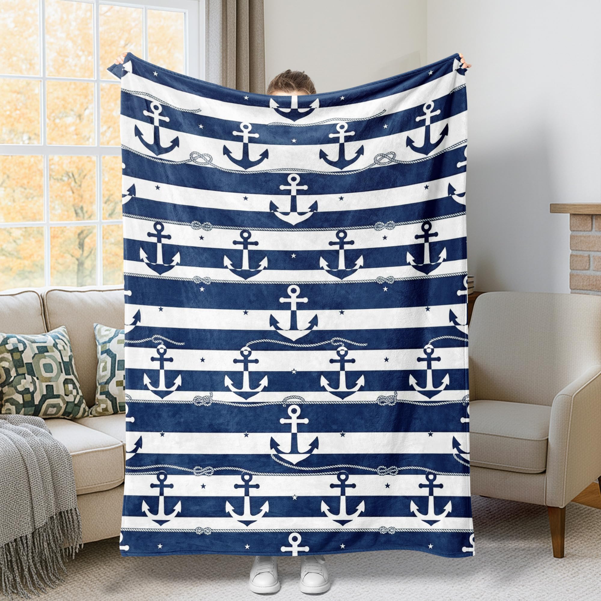 Jeté d'ancres maritimes fini les plaids lourds couverture pelucheuse canapé bleu marine