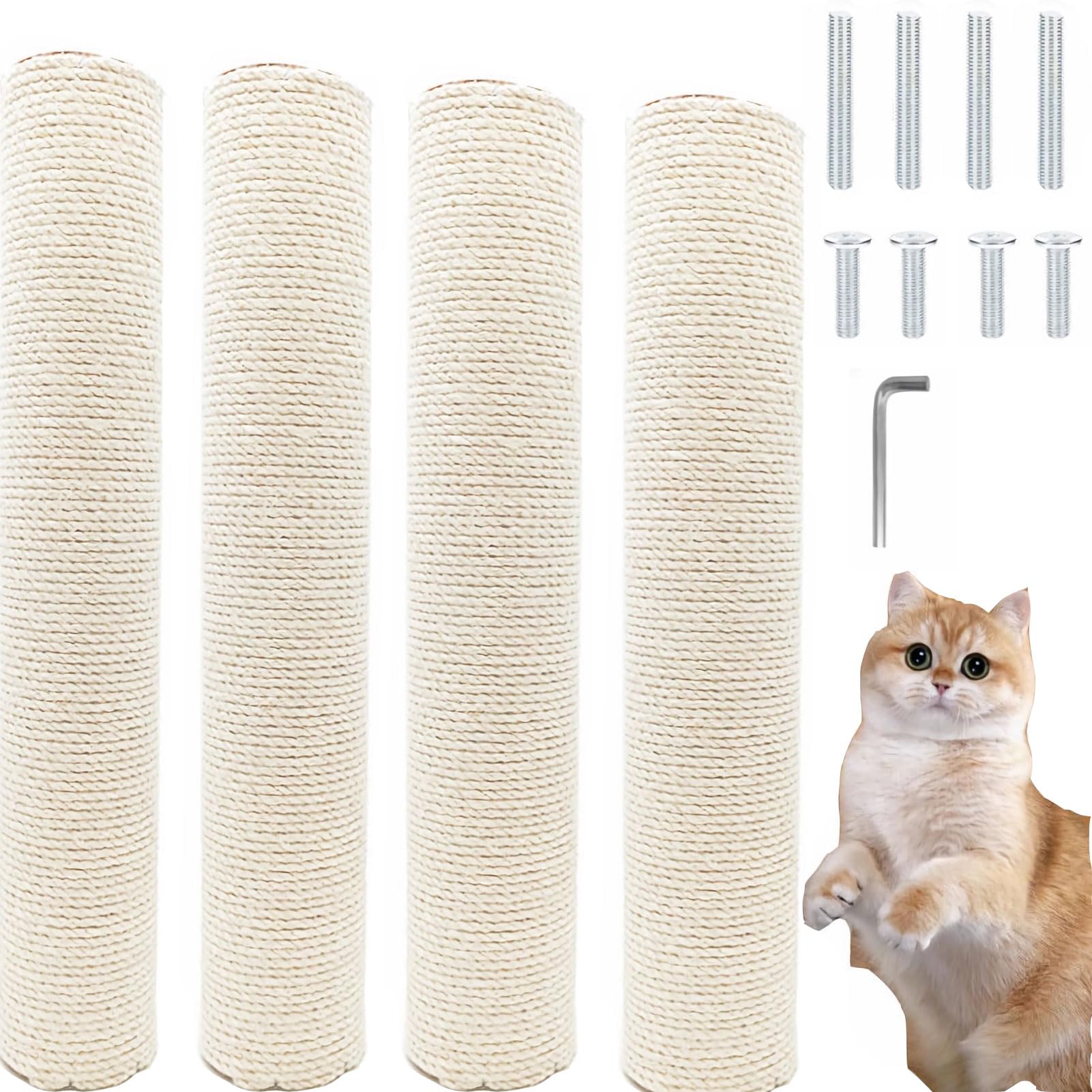 4 PCS M8 Cat Scratching Post Replacement,15.7Inch Sisal Pole Cat Tree Replacement Post with Screws,DIY Scratcher Scratching Post Replacement, Pad,