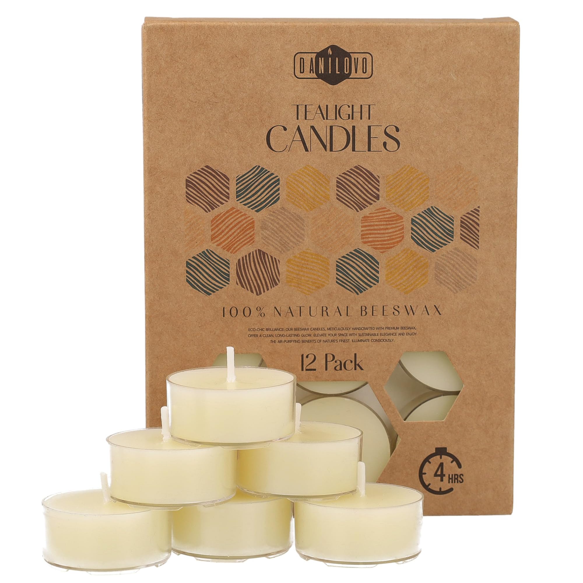 Danilovo White Pure Beeswax Tealight Candles W/Cotton Wicks - Pack Of 12 4-Hour Burning Time Votive Candles Crafted By Recycled Plastic