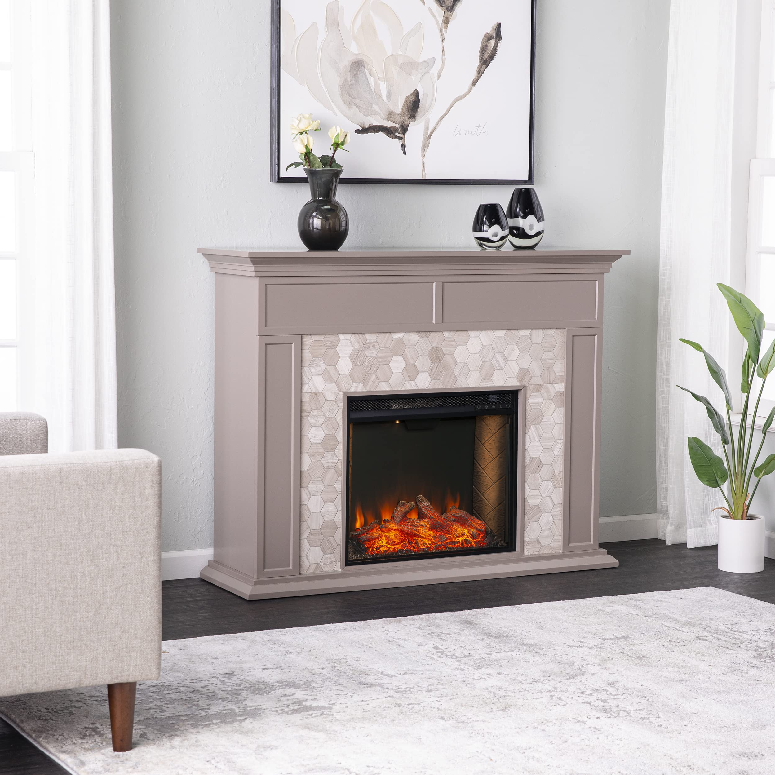 SEI Furniture Torlington Marble Tiled Smart Fireplace - Gray