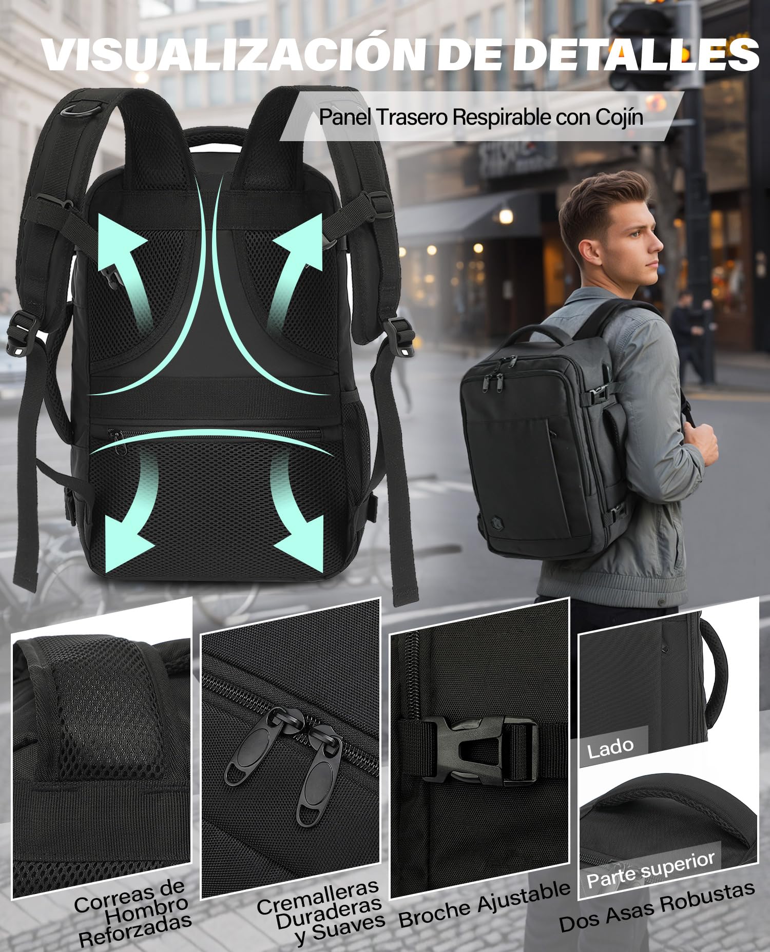 VANKEV Mochila Viaje Cabina Avion 40x30x20 24L Equipaje Mano Bolso Portatil 15.6 Pulgadas NEGRO