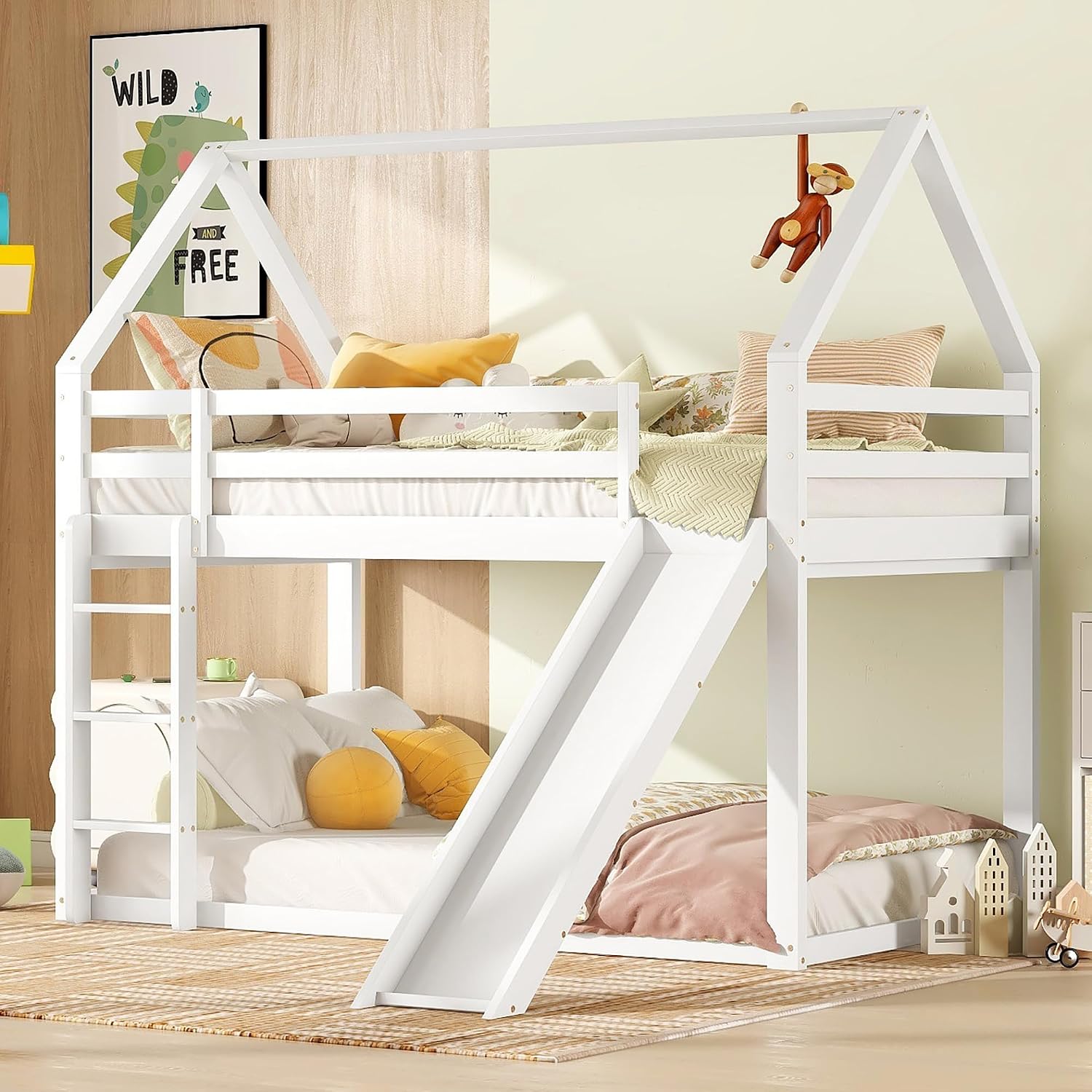 Dolaman  Hochbett Haus Etagenbett 2 Kinder 90x200 cm Wei  Kinderbett mit Rausfallschutz Rutsche und Treppe k nnen die Pl tze tauschen