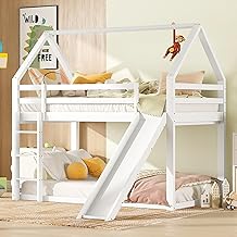 Children's Bed, 90 x 200 cm, Bunk Bed with 2 Sleeping Beds, Slatted Base, Ladder and Slide, Pine Wood Bed, Includes Fall Protection (White, 90 x 200 cm)
