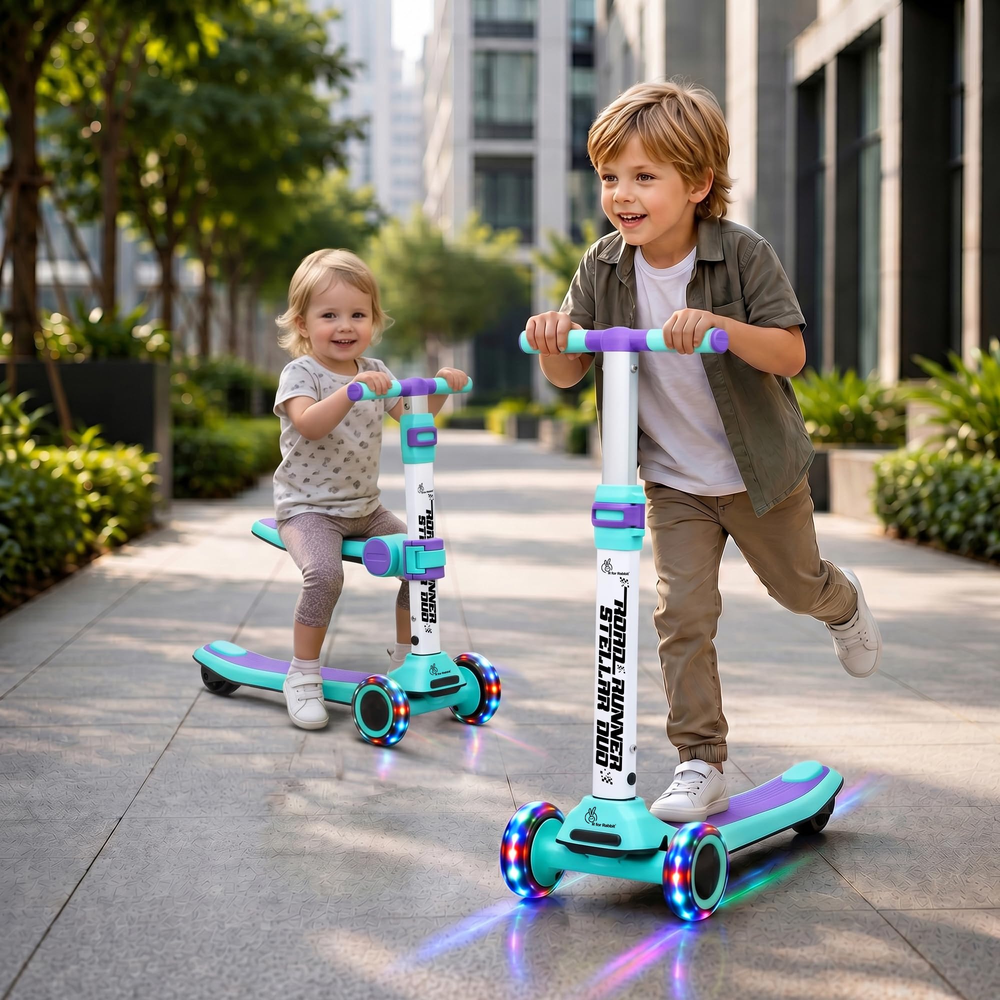 R for Rabbit Road Runner Stellar Duo 2-in-1 Kids Kick Scooter with Foldable & Detachable Ride-On Seat, 4-Level Adjustable Height, LED PU Wheels for Boys & Girls 3+ Years, Up to 75 kg (Green Purple)-image-46