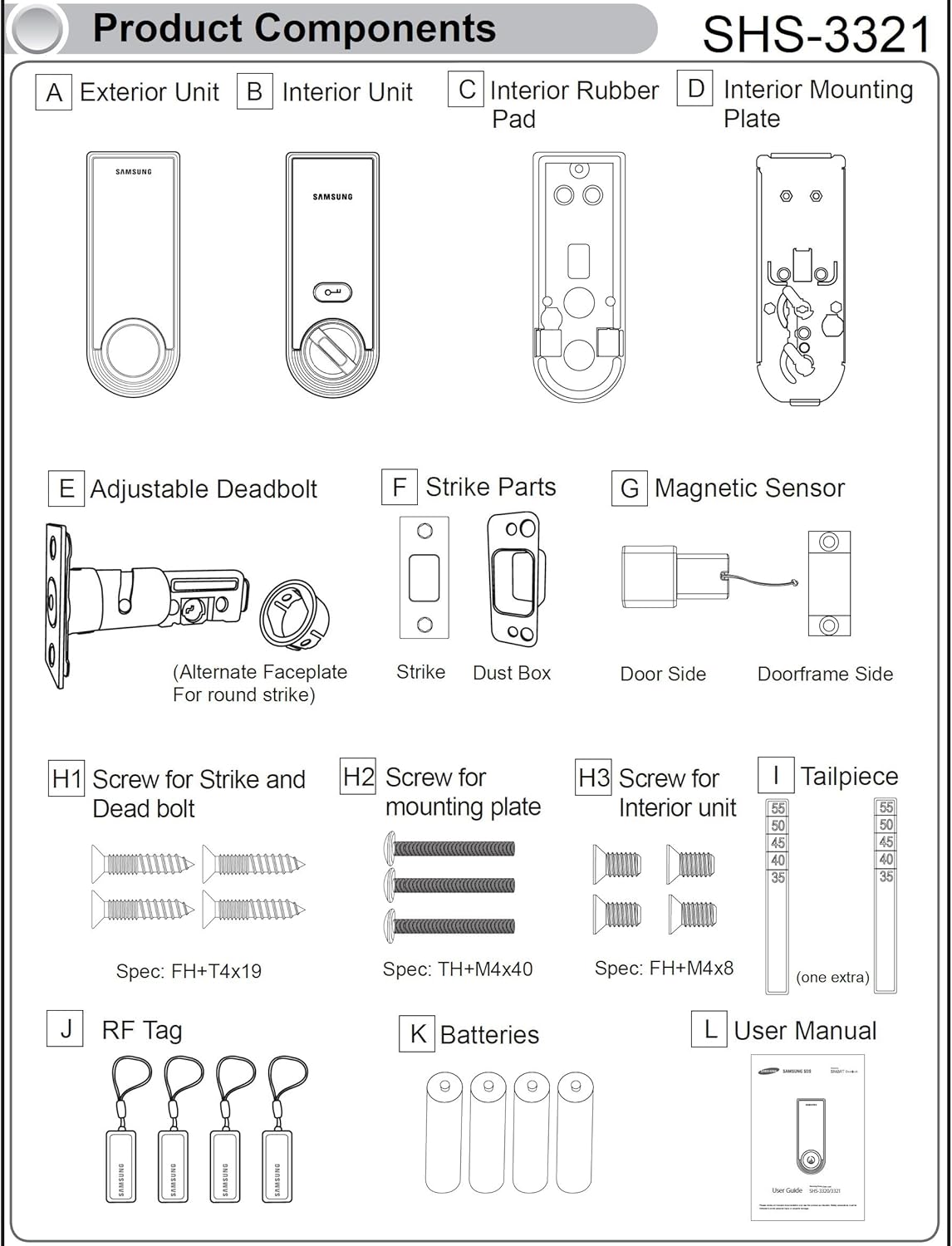 Diagram illustrating the dimensions of the Samsung SHS-3321 Digital Door Lock, including width, height, and depth for both exterior and interior units, and deadbolt placement.