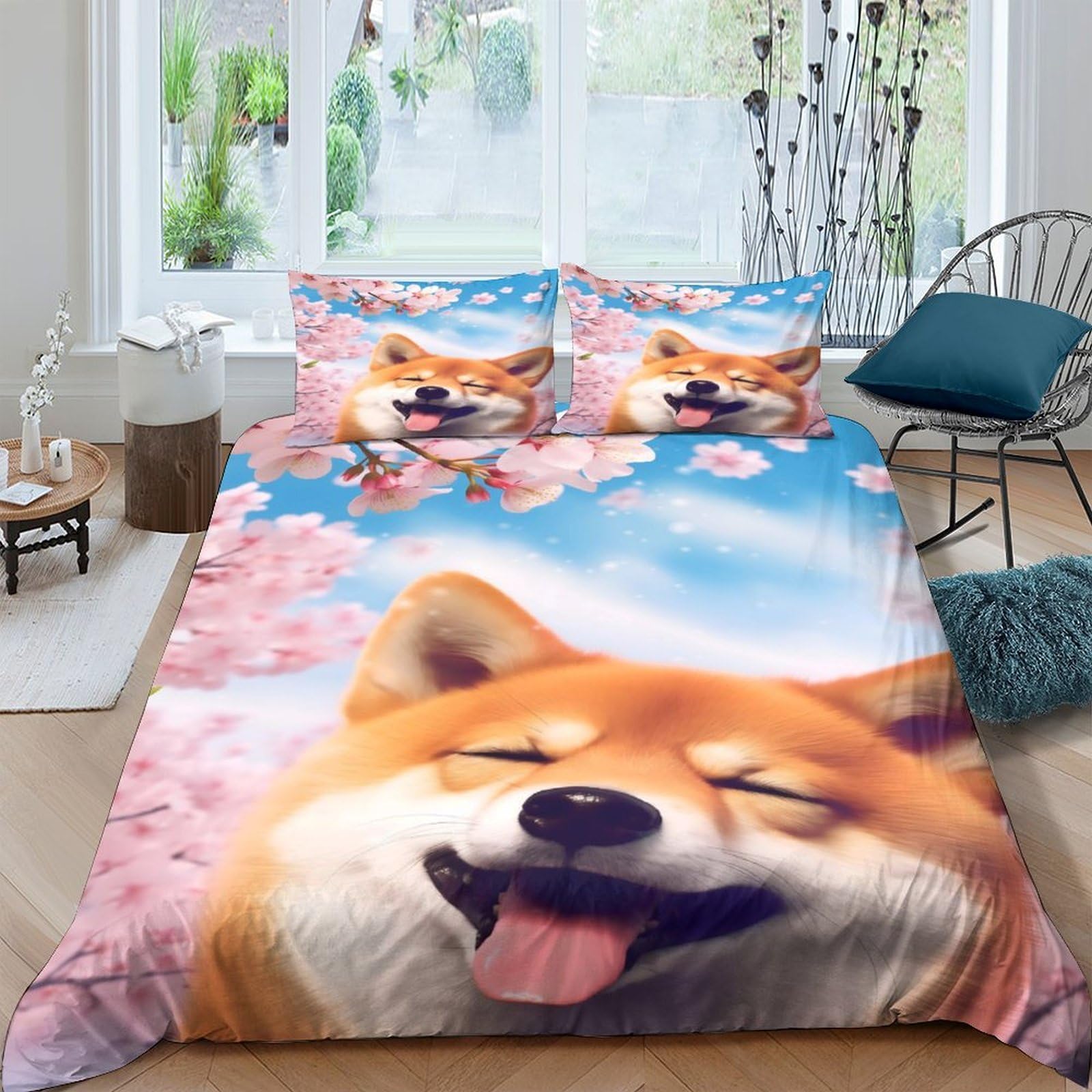 Ctjqhvkz Style-3 3D Printed Shiba Inu Sakura Fitted Sheet Microfiber Non Slip Bed Cover For Bedroom Dorm Mattress Decor Easy Care Single（135X200cm）