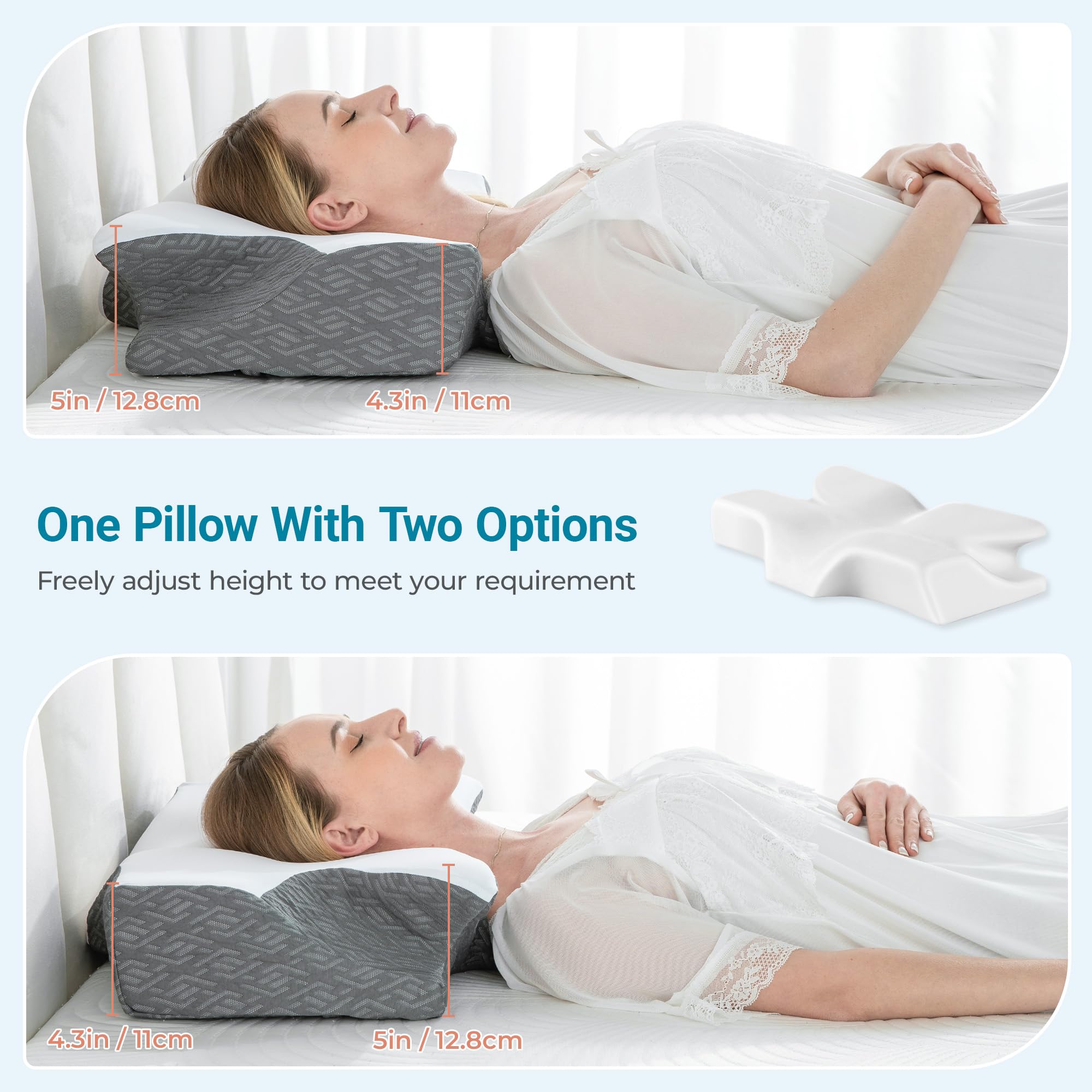 Elviros Cuscino Cervicale per Dormire, Cuscino Cervicale Memory Foam, Cuscino Ergonomico per Adulti, Cuscino Ortopedico per Chi Dorme sul Fianco, sulla Schiena e sulla Pancia, Federa Traspirante Cool