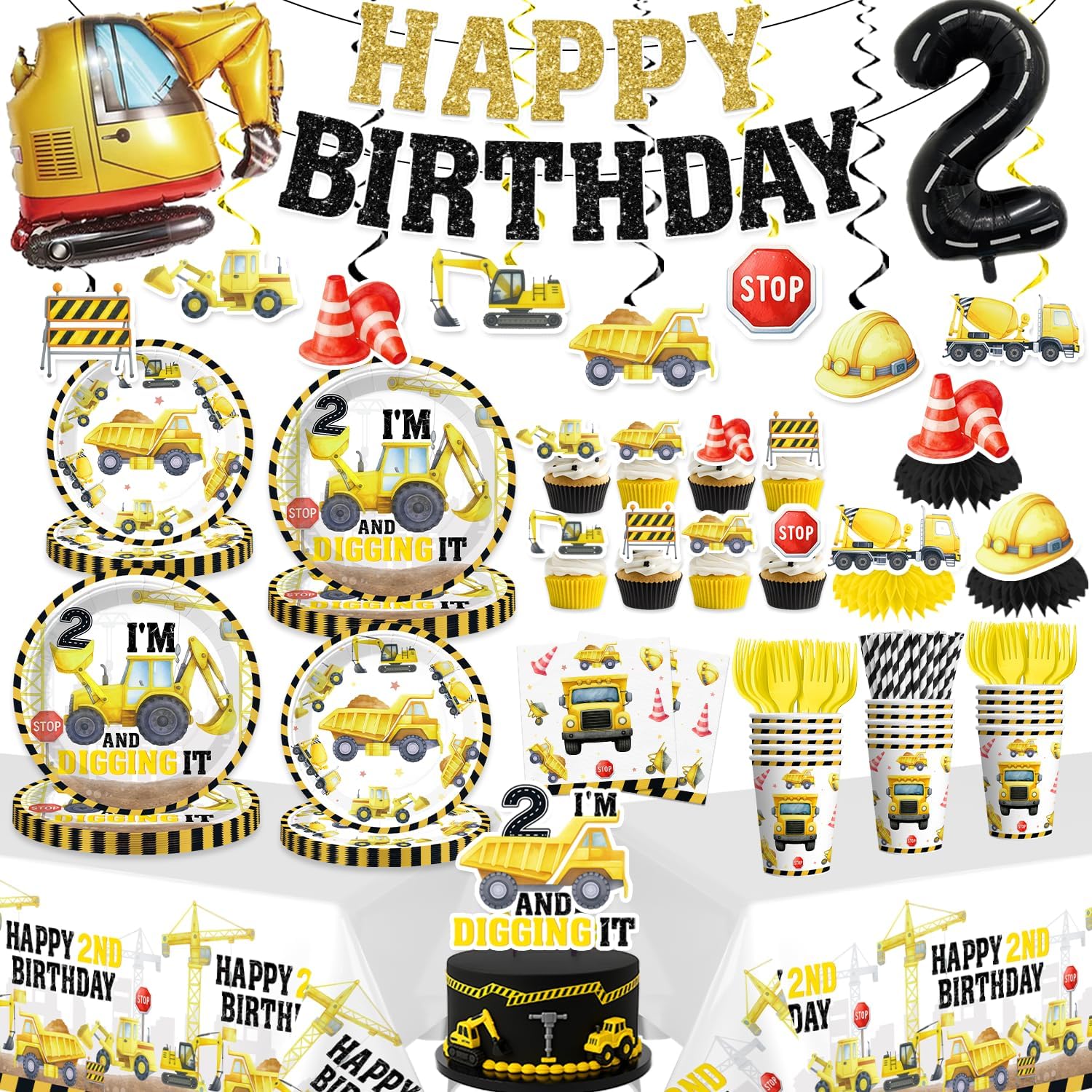 Xynic 187pcs Construction Birthday Party Supplies for 2 Year Old Boy, Complete Paper Tableware Set Includes 300gsm Plates and Waterproof Tablecloths, Im 2 and Digging It Party Decor Serves 25