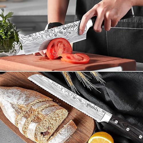 Miniatura 6 de MOSFiATA - Juego de 5 cuchillos de chef, juego de cuchillos de cocina de acero inoxidable de alto carbono alemán con varilla afiladora, juego de 5