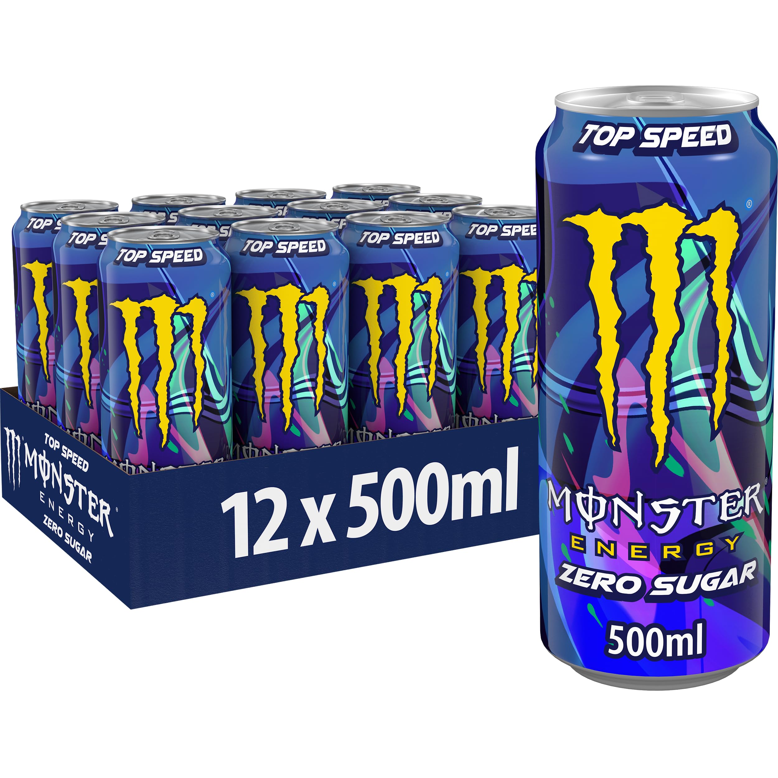 Monster Energy® Top Speed - koffeinhaltiger Energy-Drink mit erfrischendem Pfirsich-Nektarinen-Geschmack - full Flavour, zero Zucker, zero Kalorien - in praktischen Einweg Dosen (12 x 500 ml)