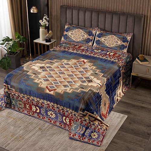 Erosebridal Colcha King, Colcha Exótica Bohemia, Cobertor de Encaje Bohemio Tribal Floral Rojo Amarillo Azul Degradado Retro, Acolchado Egipcio de