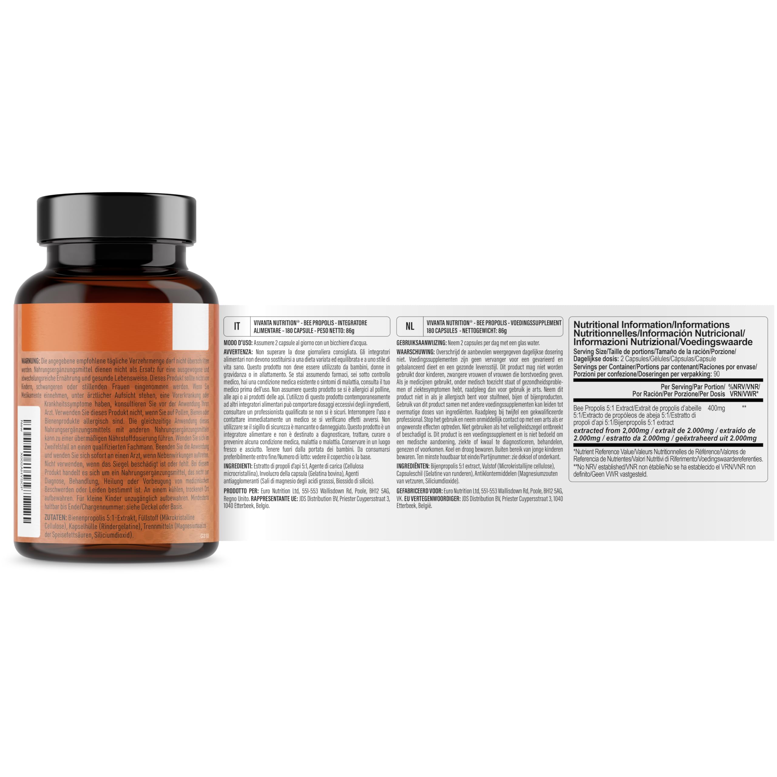 Propolis Kapseln – Hochdosierte Bee Propolis 5:1 Extrakt aus 2.000mg Rohpropolis – 3-Monatsvorrat – 180 Kapseln