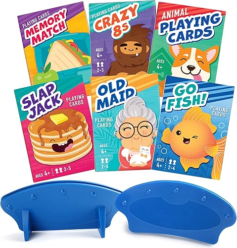 LotFancy Juegos de cartas para niños 6 barajas 2 soportes para cartas incluye Go Fish Old Maid Crazy Eights Memory Match Slap Jack Naipes de animales