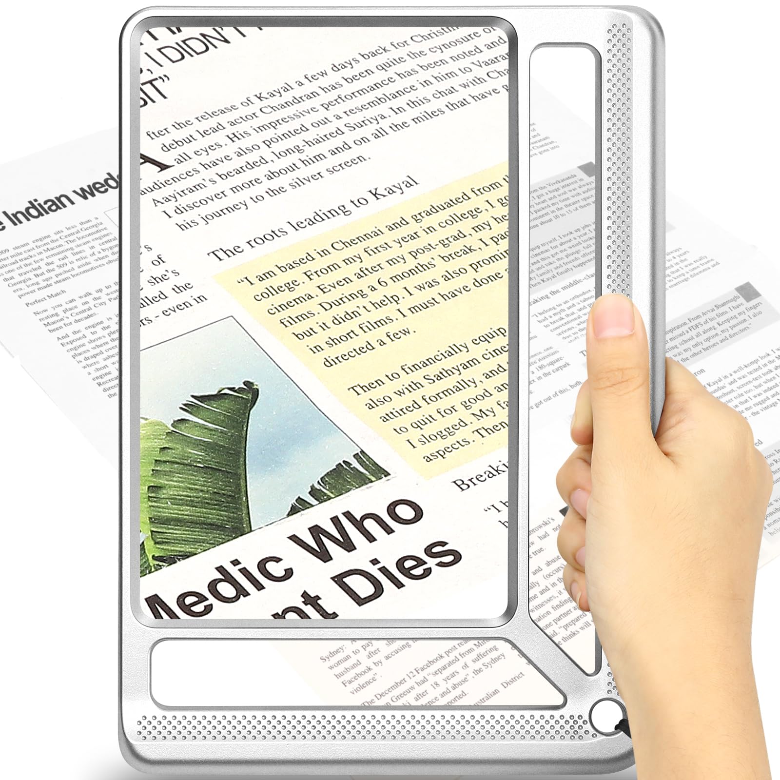 AKKYCVS 5X Full Page Magnifying Glass for Reading, Lightweight Rectangular Magnifier Provides Large Book Page Viewing Area, Handheld Magnifier for Reading Small Prints for Seniors, Low Vision-Silver