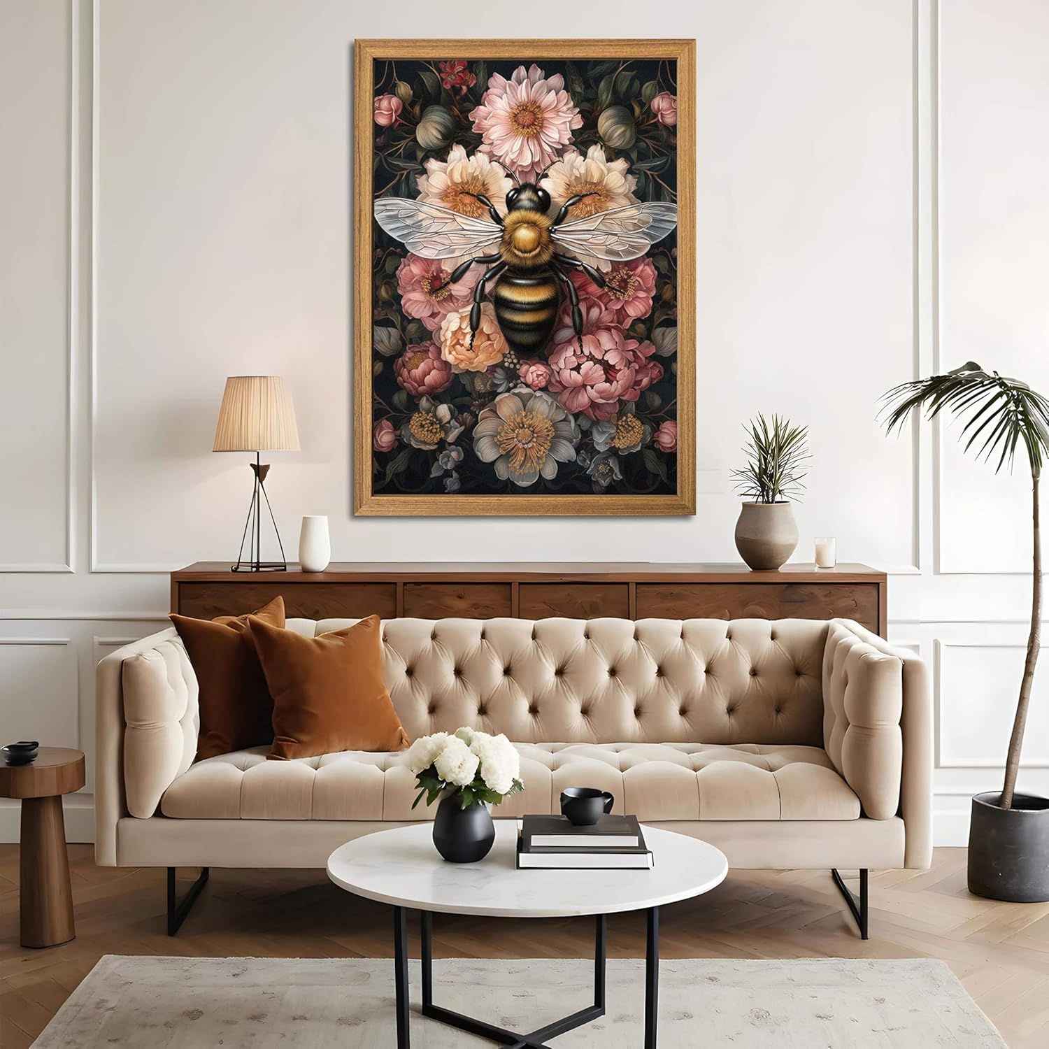 Framed Vintage 3D Textured Wall Art - Dark College Bee Flowers Wall Decor - Hand Drawn Sandstone Nature Botanical Pictures for Living Room Bedroom Home Decor 24x36in