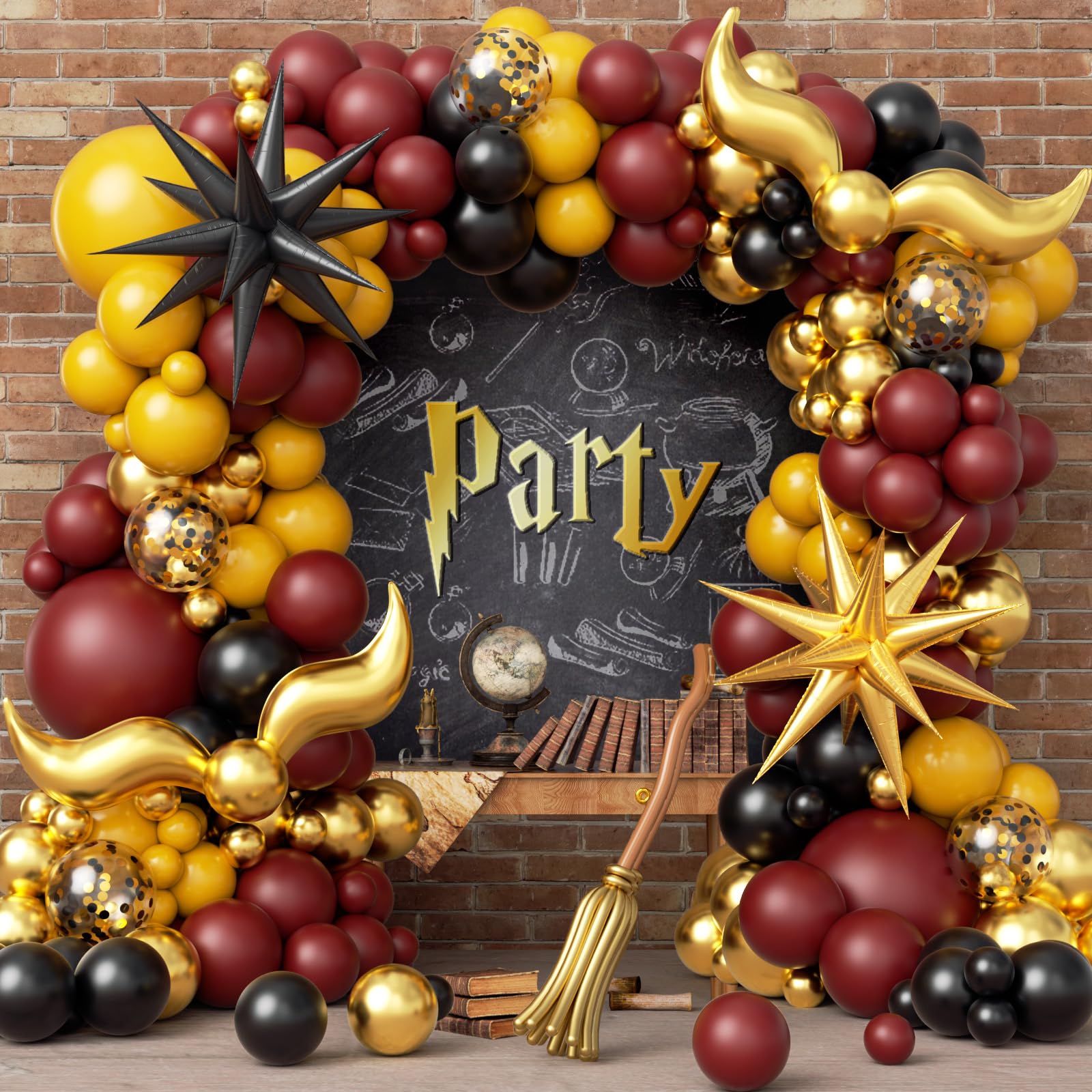 Photo 1 of 144pcs Magical Wizard Balloons Arch Kit, Burgundy Mustard Yellow Black Metallic Gold Confetti Balloons S-Shaped Balloons 260 Balloons for Magic Themed Birthday Baby Shower Party Decorations
