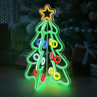 Christmas Neon Sign, 3D Acrylic LED Tree Light, Tabletop Decor | Adjustable brightness, USB powered and easy 2-piece assembly for indoor or outdoor holiday decor and gifting