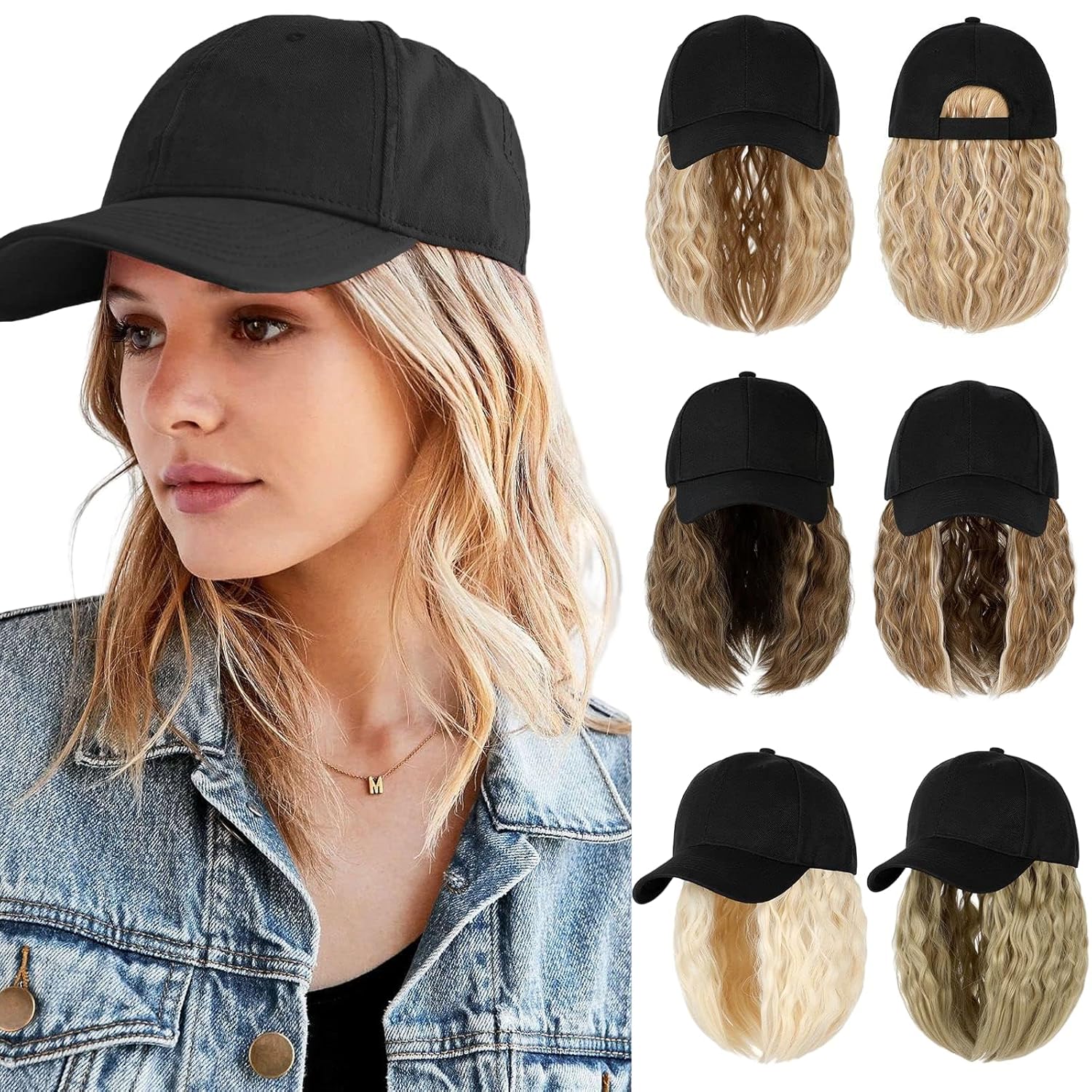 Qlenkay Baseball Cap with Hair Extensions 14inch Wavy Curly Bob Hairstyle Adjustable Wig Hat Attached Synthetic Hairpiece for Woman Dark Brown
