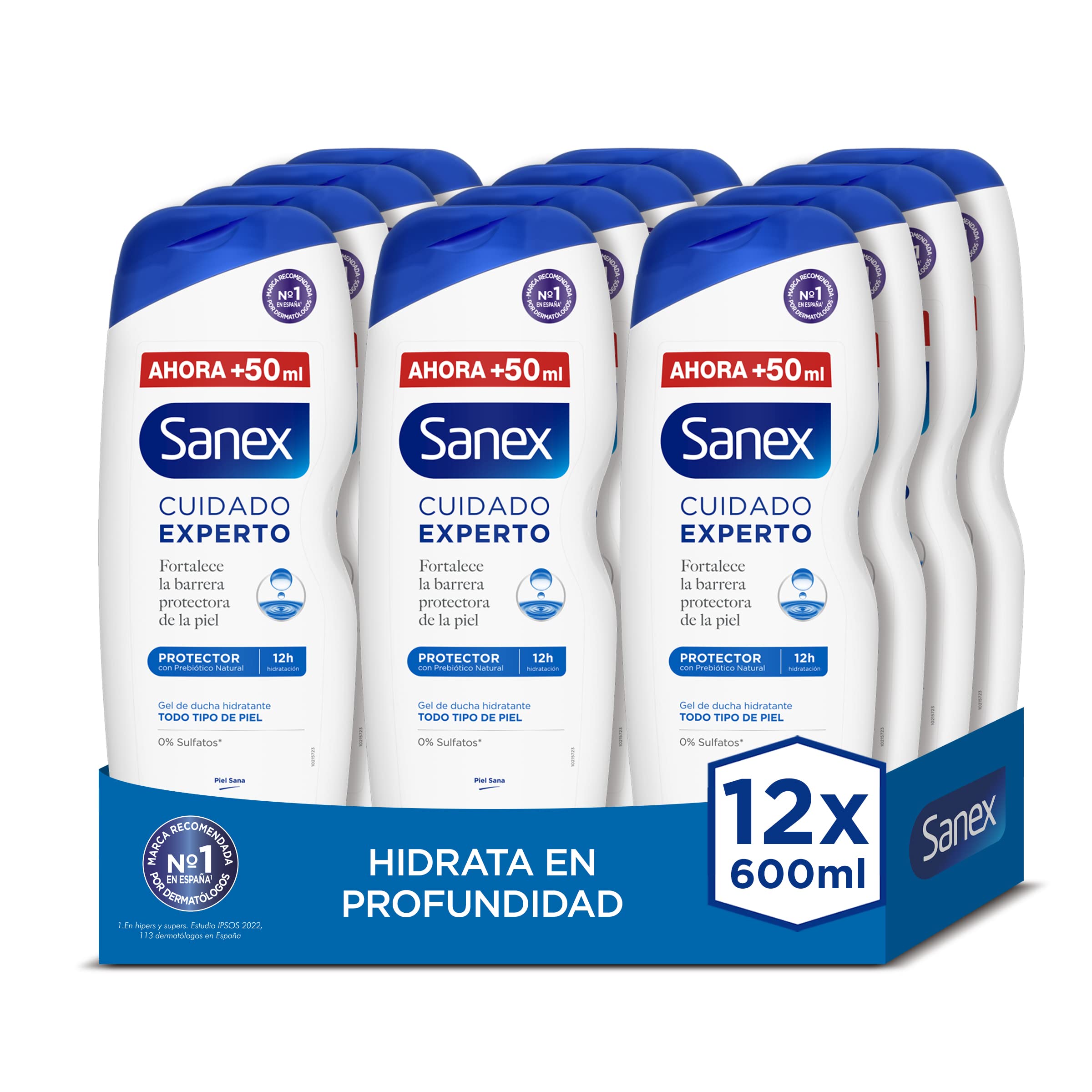 Sanex Duschgel, Expertenpflege, 12 Stück x 600 ml, Duschgel, reinigt sanft, hilft, die Schutzbarriere der Haut zu verbessern, 12H Feuchtigkeit, präbiotischer und postbiotischer Komplex