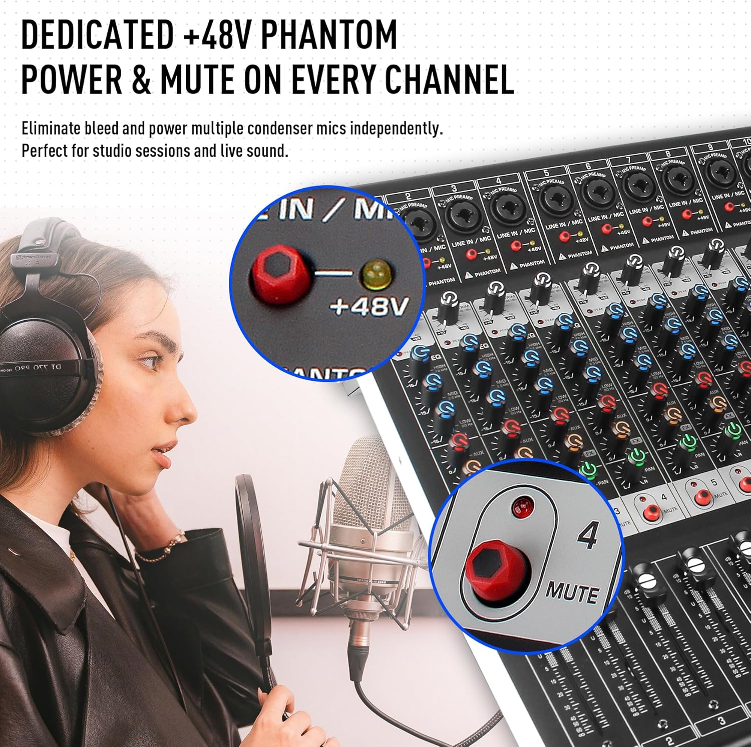 16-Channel Audio Mixer with 99 DSP, Professional Audio Console Digital Sound Music Mixing Board DJ Mixer w/USB Input Bluetooth MP3 48V Power Supply Mute Function for Studio Live Performance