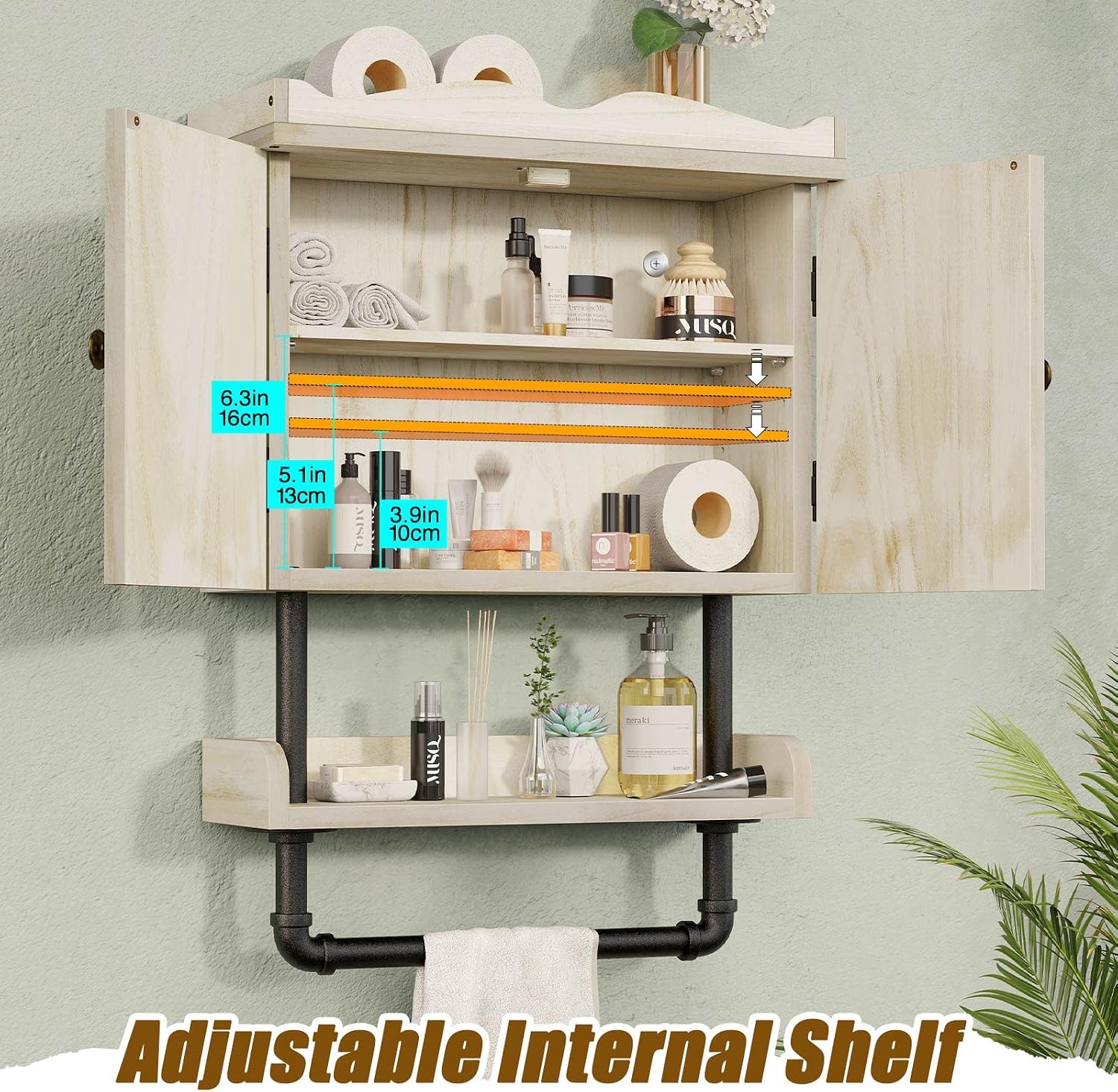 GREENSTELL Bathroom Wall Cabinet with Adjustable Shelf and 2 Hooks, 25.6''x16.1'' Double Doors Medicine Cabinet Wall Mounted with Hanging Bar, Light Solid Wood Storage Cabinet Kitchen, White
