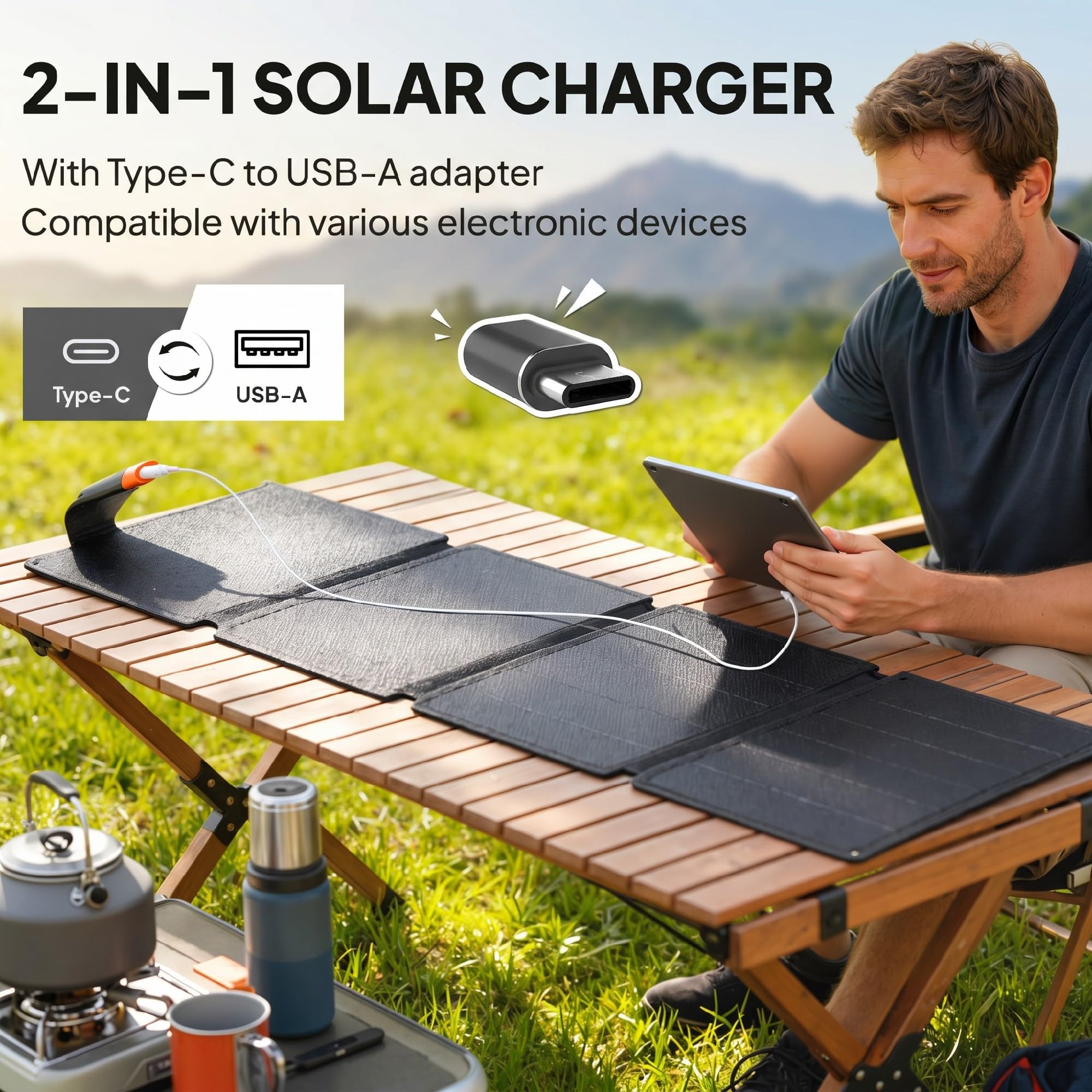 HOMCOM Składany panel słoneczny 36 W przenośna ładowarka solarna typu C do USB-A | Torba transportowa, wodoodporna ETFE IP67, port ładowania, zasilacz, do wędrówek i biwakowania na świeżym powietrzu