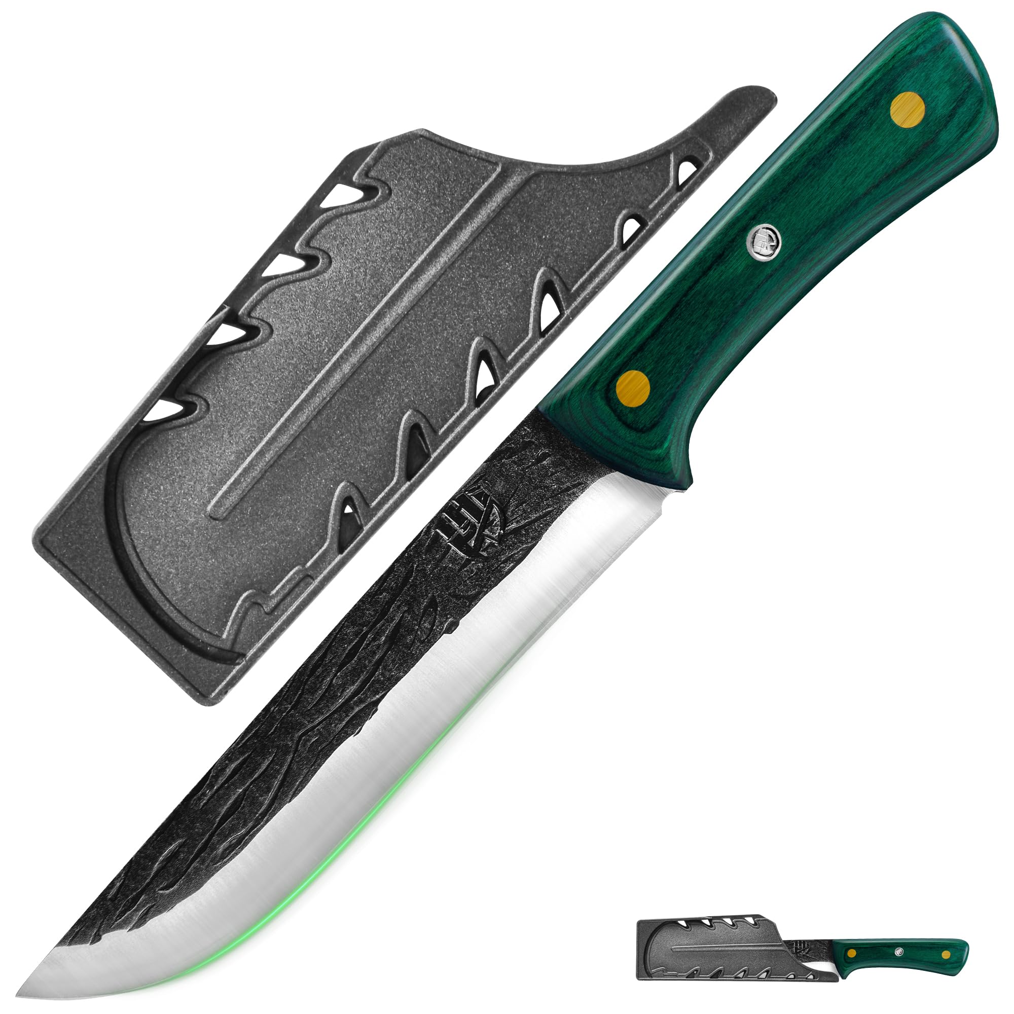 FULLHI 2pcs Manico in legno per disossare con fodero, coltello da pesca in acciaio ad alto tenore di carbonio per affettare e disossare, per cucinare in campeggio e per il barbecue. (Verde, 18cm)