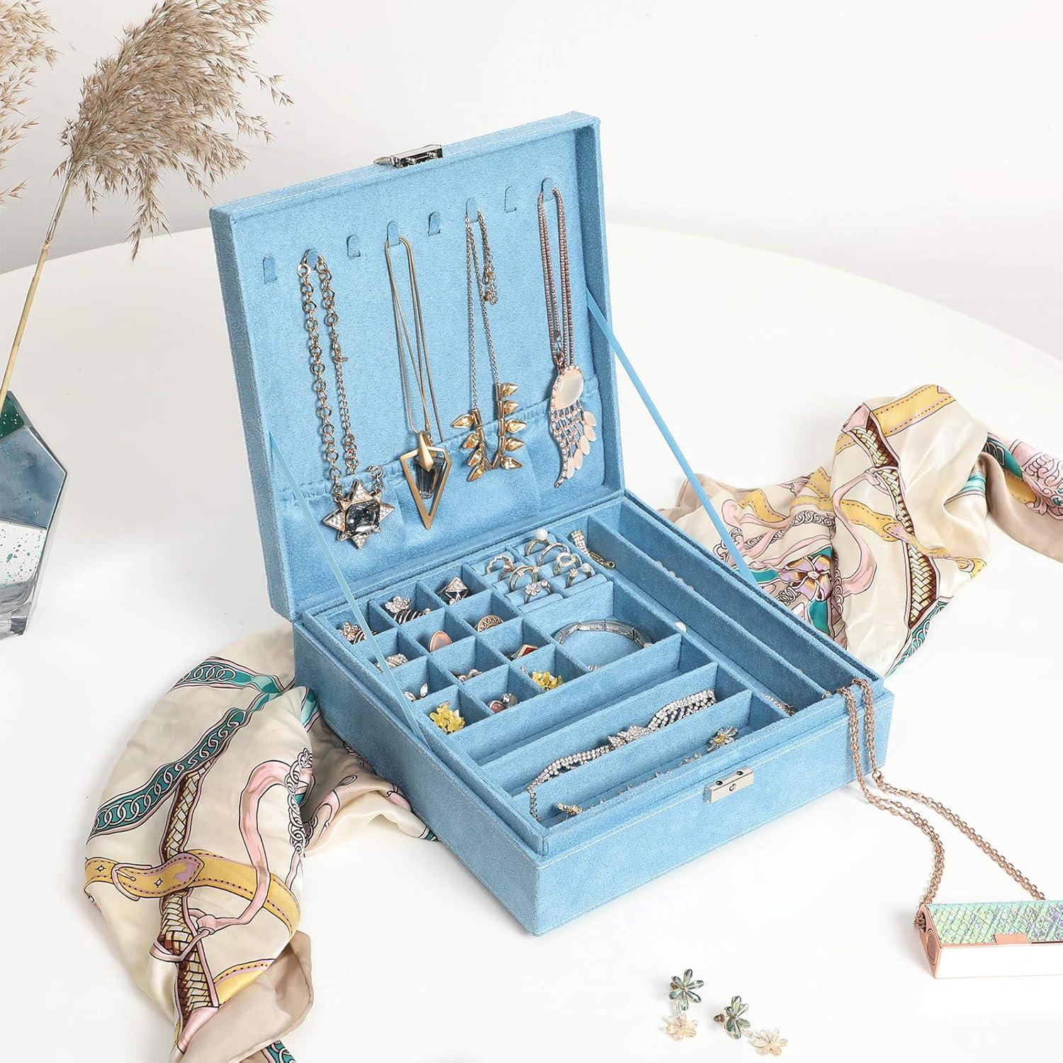 SONGMICS Jewelry Box, Storage Organizer with a Removable Tray and Compartments for Earrings, Necklaces, Bracelets, Watches, Light Blue : Everything Else