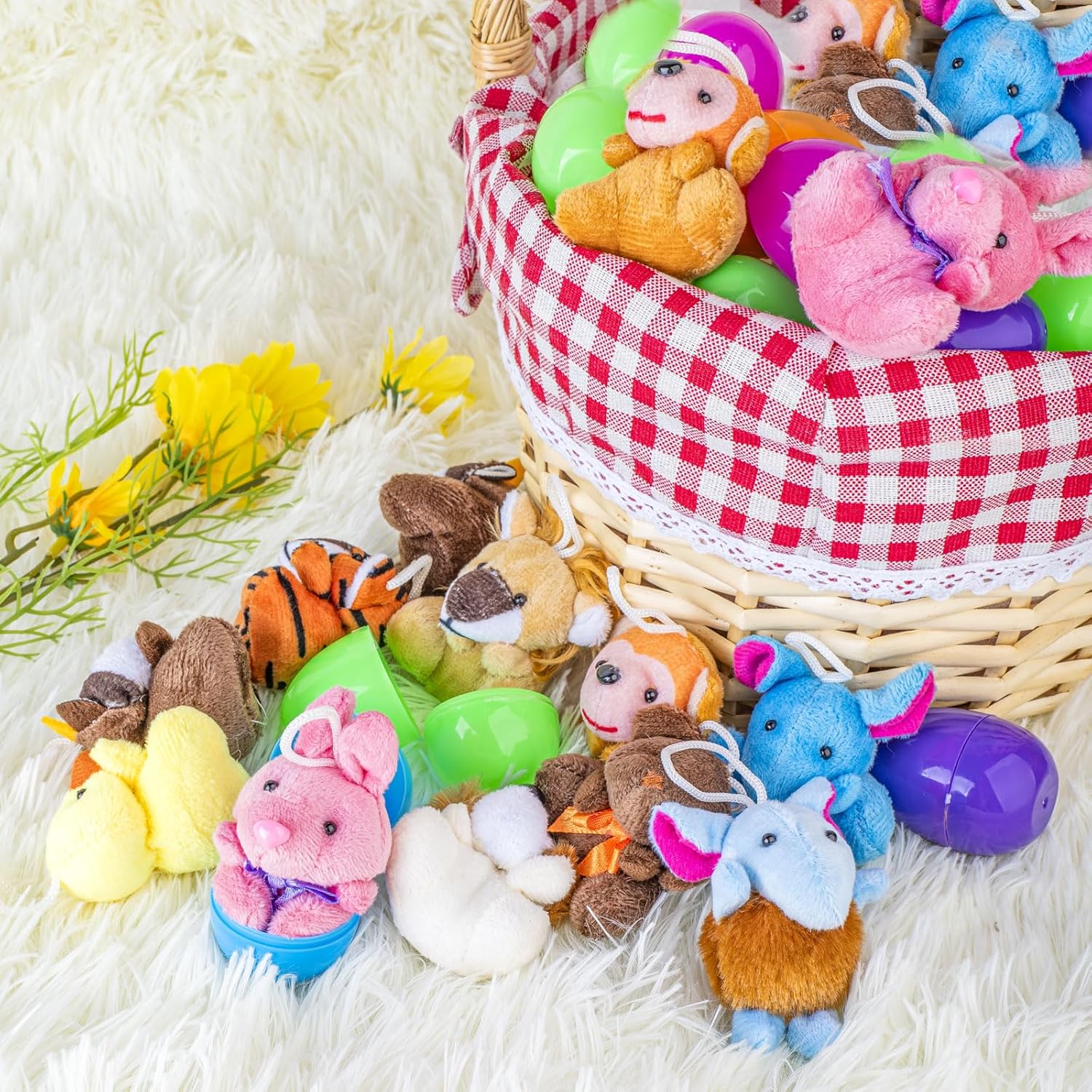 Easter Eggs with Mini Plush Animal Toys 12pack Prefilled Easter Eggs Plastic Easter Basket Stuffers Fillers for Kids Toddlers Plastic Easter Eggs Stuffed Animals Gifts Eggs for Easter Egg Hunt Prizes