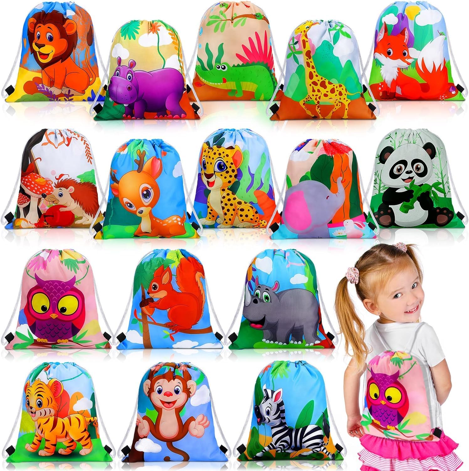 Moonmen 16pcs Jungle Animal Drawstring Bags Cartoon Animal Safari Goodie Bags Safari Party Favors for Boys Girls Kids Birthday Jungle Them Party Supplies Goodie Baby Shower School Travel